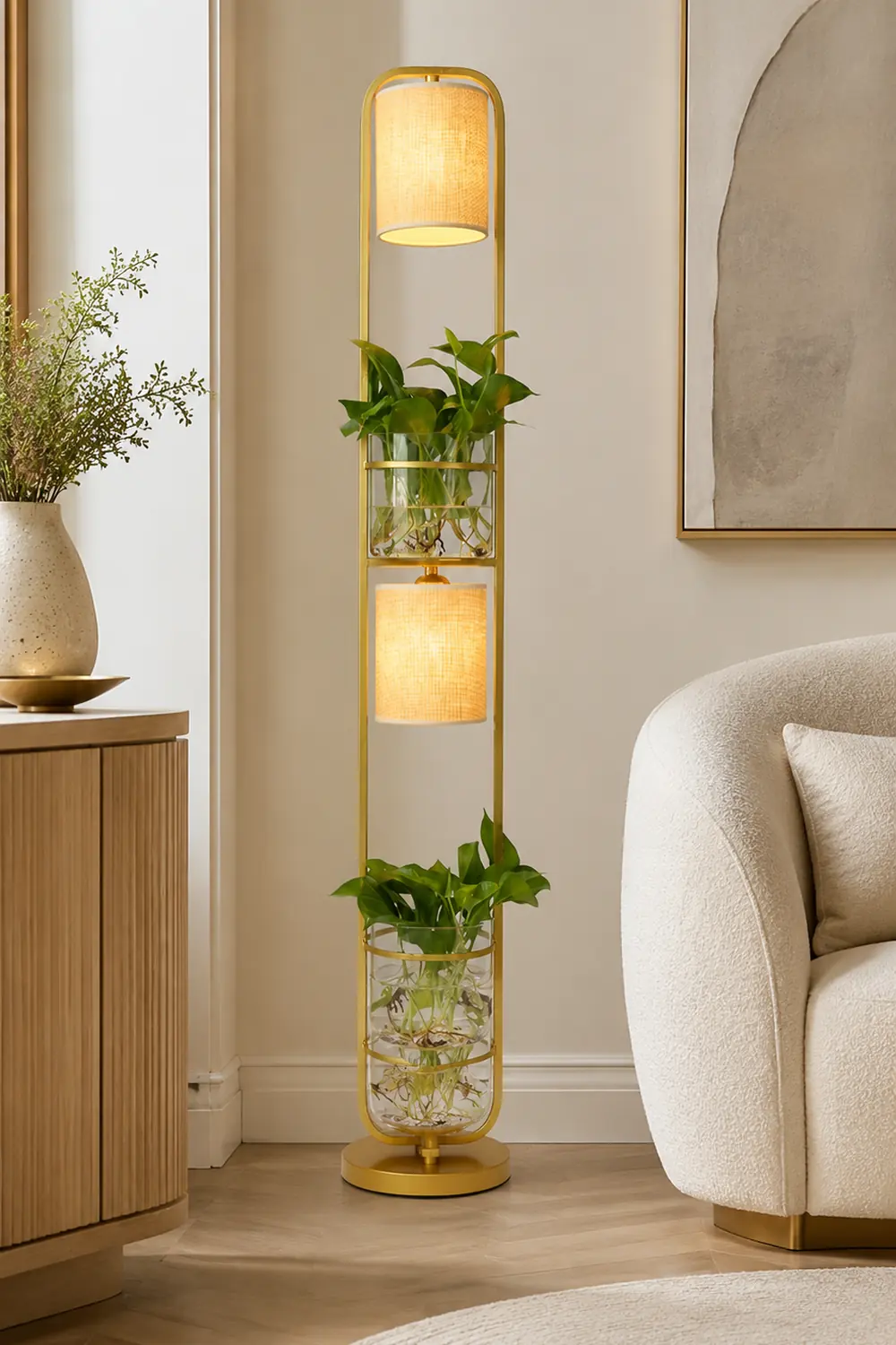 Eryn Simple Cylinder 2-Light Heads Floor Lamp with Planters, Black/White/Gold - Lumpaz