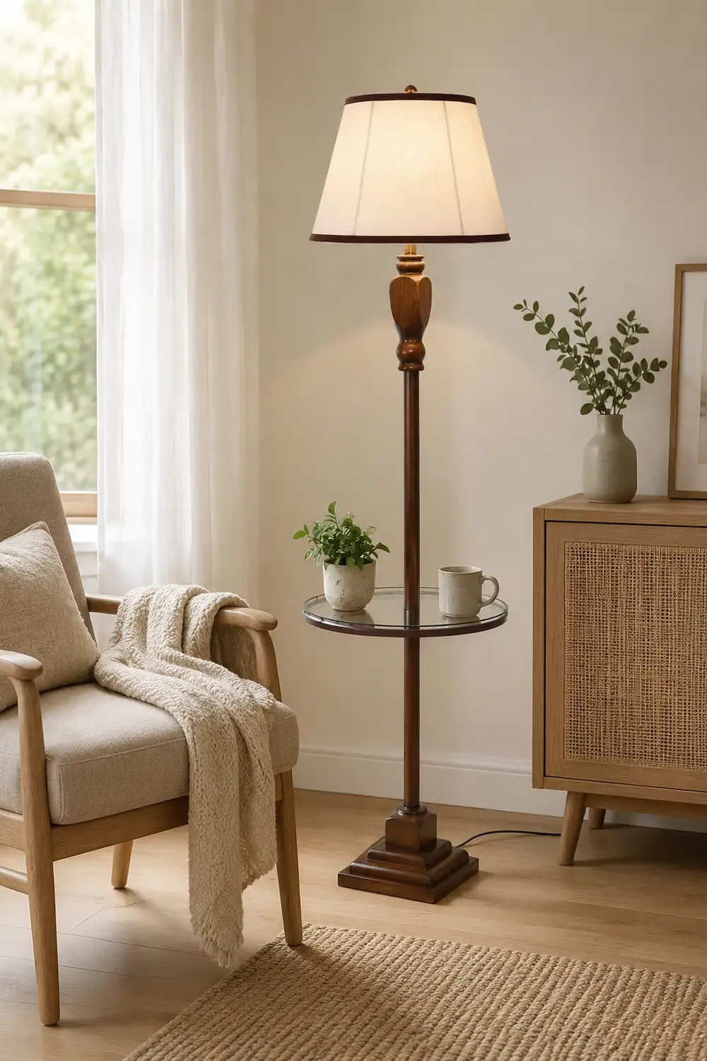Eryn Retro Drum Fabric Metal Floor Lamp, Beige/Khaki - Lumpaz