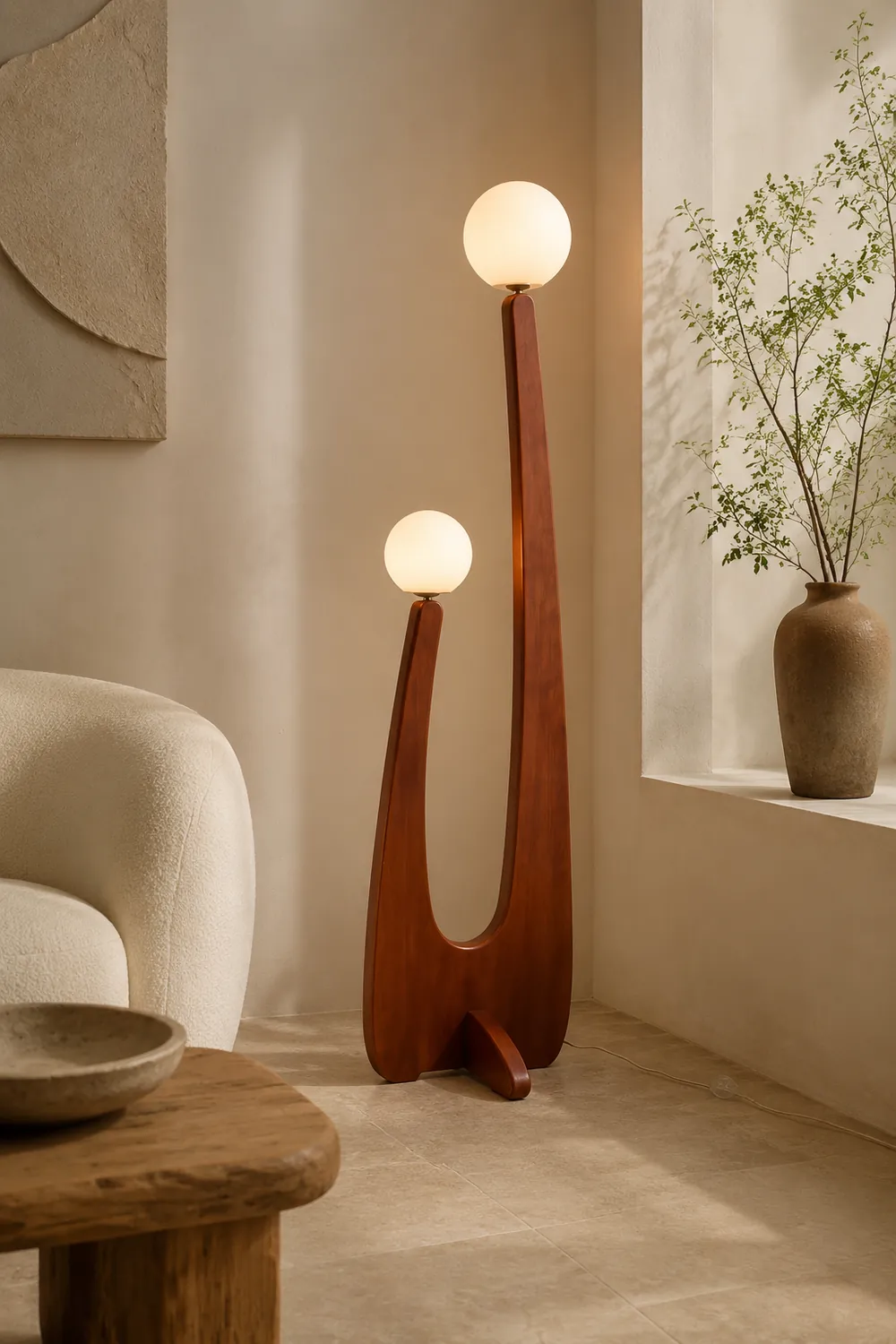 Avi Vintage Wood/Glass Floor Lamp,  2 Heads - Lumpaz