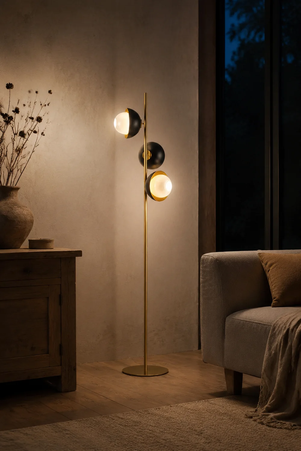 Salgado Black & Gold Semicircle Floor Lamp, 3 Heads, Metal, 53" - Lumpaz