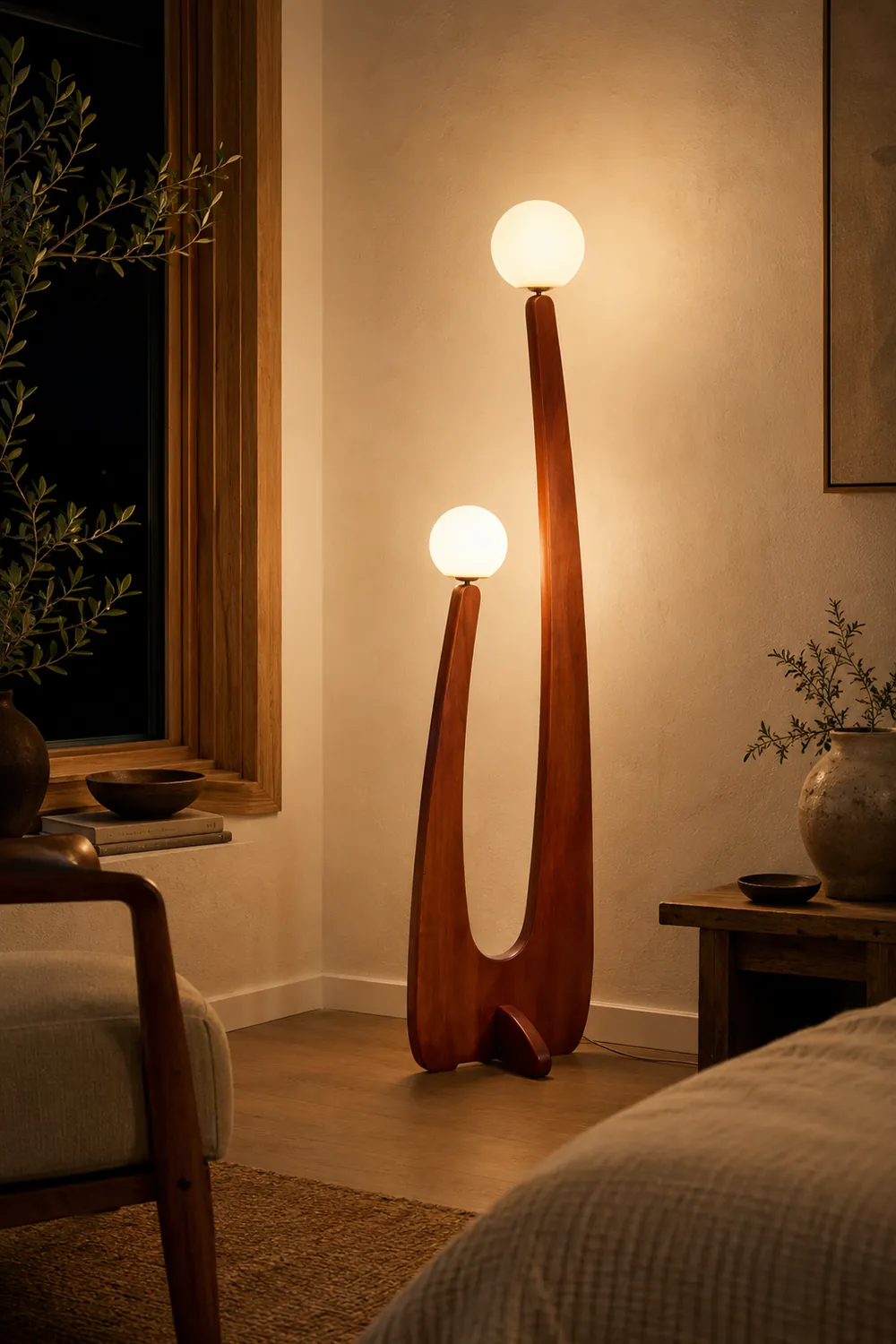 Avi Vintage Wood/Glass Floor Lamp,  2 Heads - Lumpaz