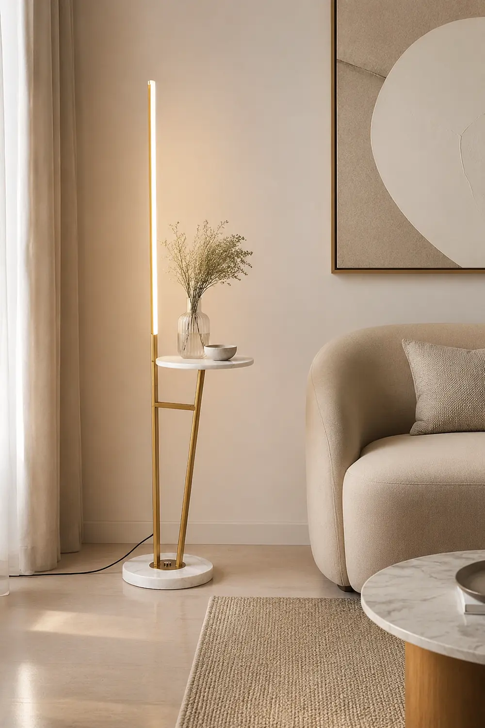 Edge Linear Floor Lamp With Table, Metal, Black/White/Gold - Lumpaz