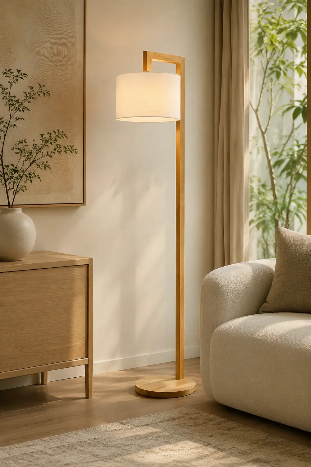 Ozawa Japanese Right Angle Arm Floor Lamp, Beige, Wood/Fabric - Lumpaz