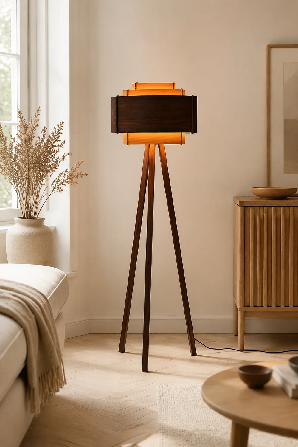 Ozawa Modern Cylinder Tripod Wood Floor Lamp, Brown - Lumpaz