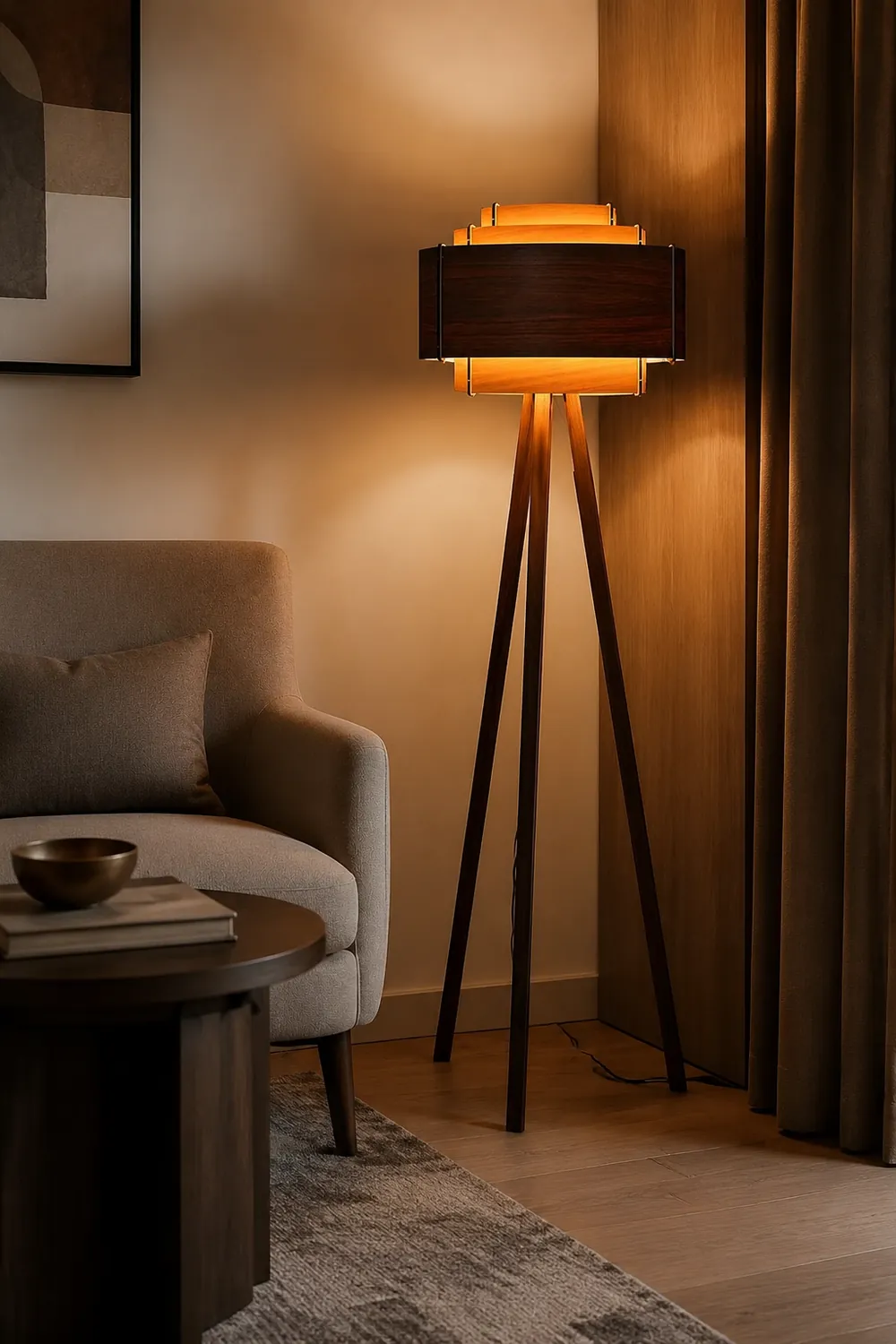 Ozawa Modern Cylinder Tripod Wood Floor Lamp, Brown - Lumpaz