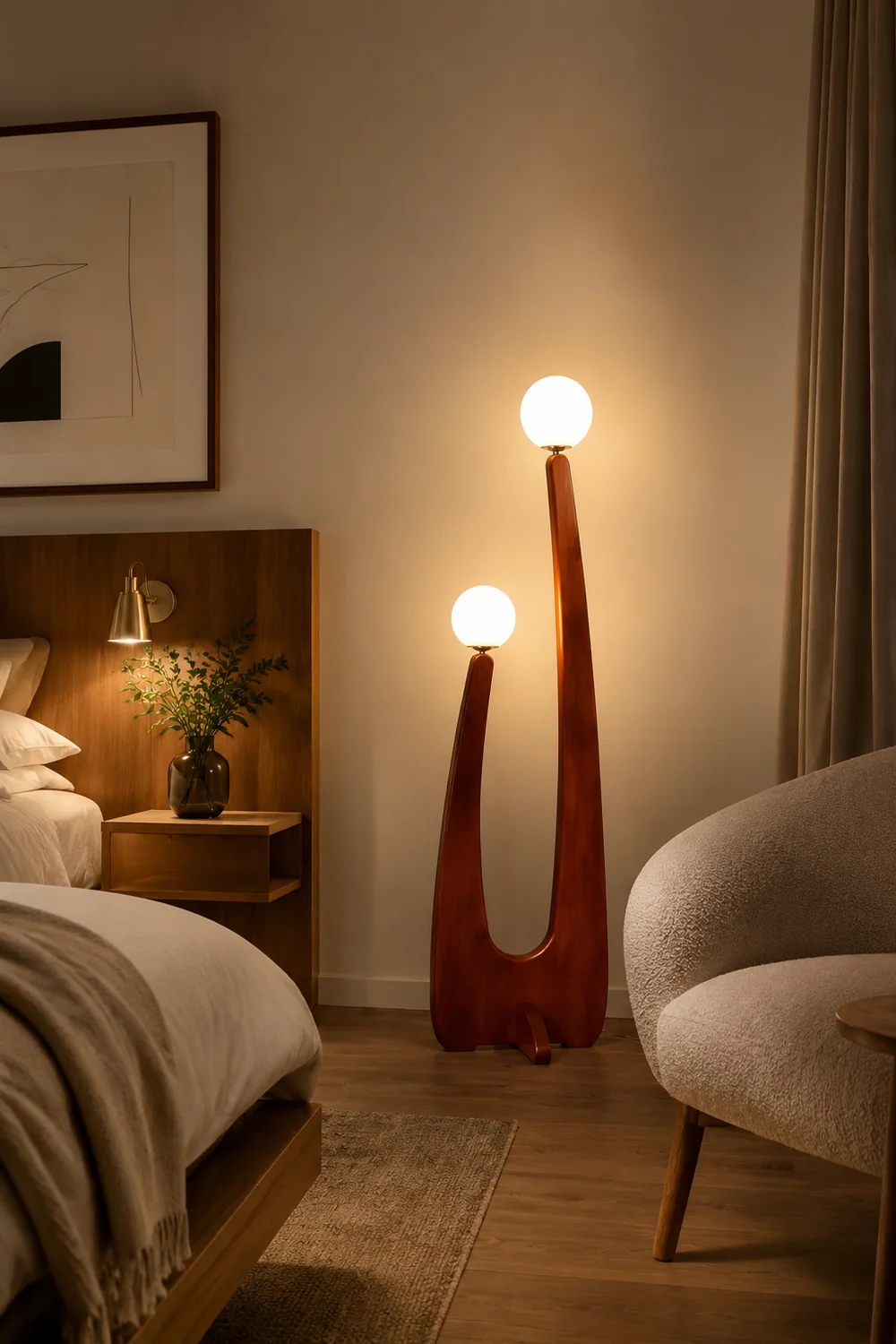 Avi Vintage Wood/Glass Floor Lamp,  2 Heads - Lumpaz