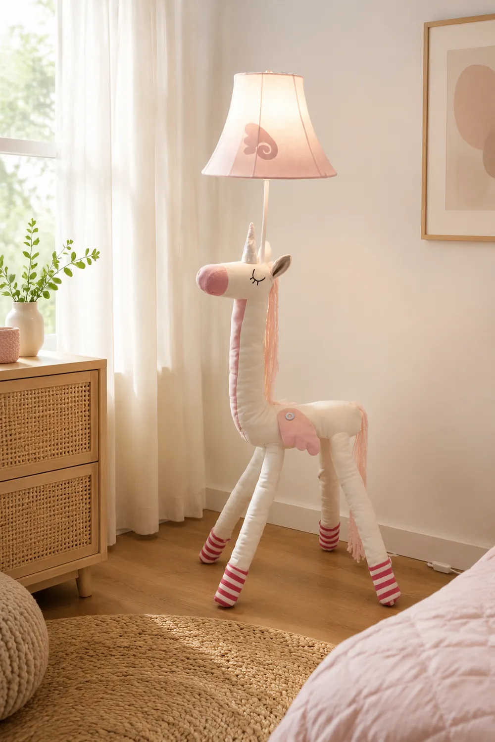 Minori Pink Plush Unicorn Animal Floor Lamp, Metal - Lumpaz