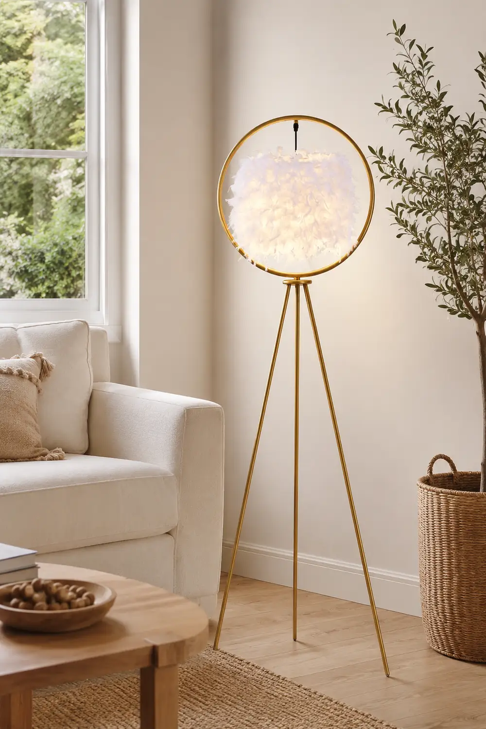 O'Moore Elegant Feather Ring Tripod Floor Lamp, Black/Gold - Lumpaz