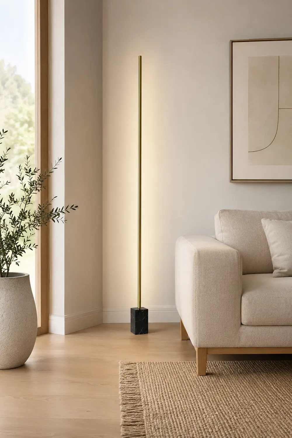 Edge Minimalist Linear Floor Lamp, Black/Gold, Metal/Marble - Lumpaz