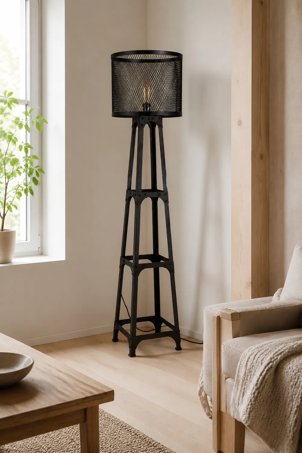Alessio Modern Cylinder Mesh Screen Metal Floor Lamp, Black - Lumpaz