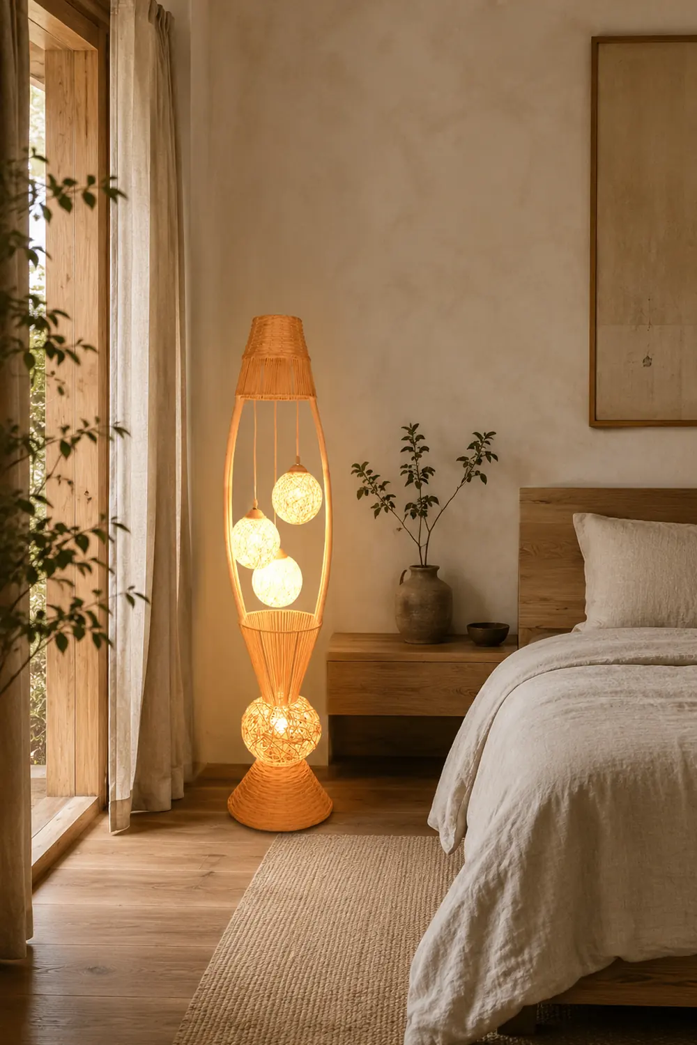 Muto Retro Fish Basket Multi Head Bamboo Floor Lamp - Lumpaz