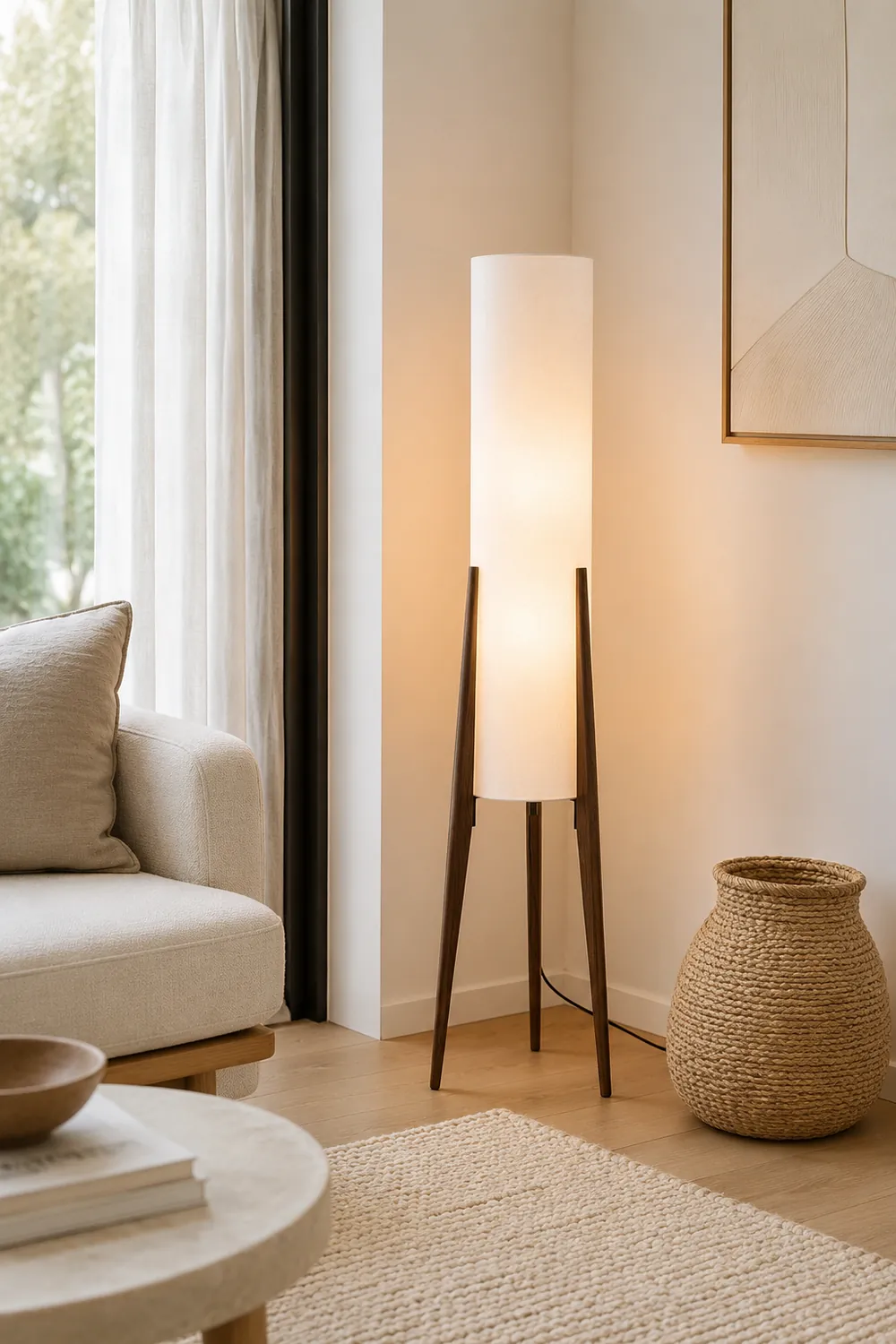 Ozawa Contemporary Cylinder Tripod Wood Glass Floor Lamp, Brown - Lumpaz