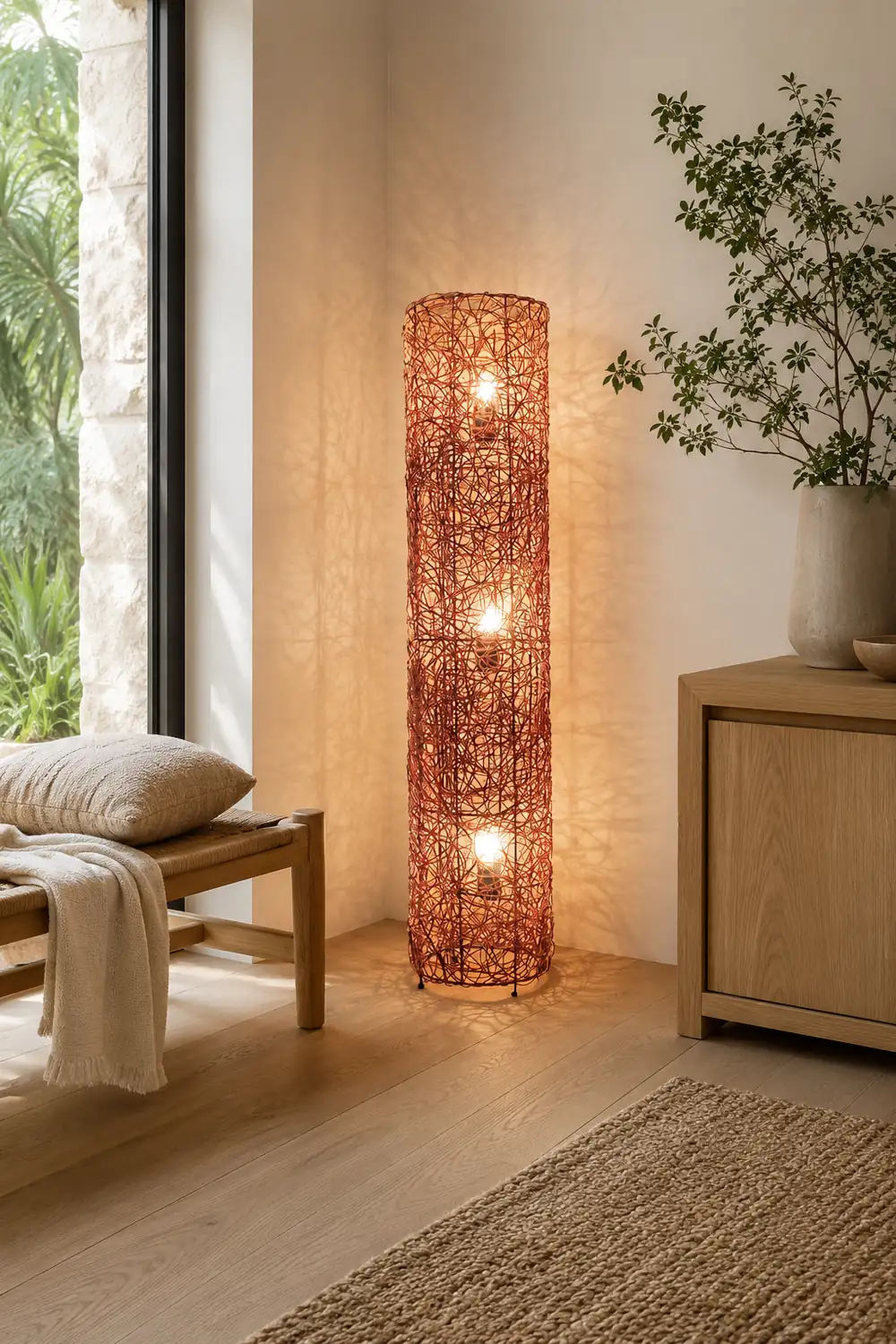 Ritta Retro Vase Wood Rattan Floor Lamp, White/Brown - Lumpaz