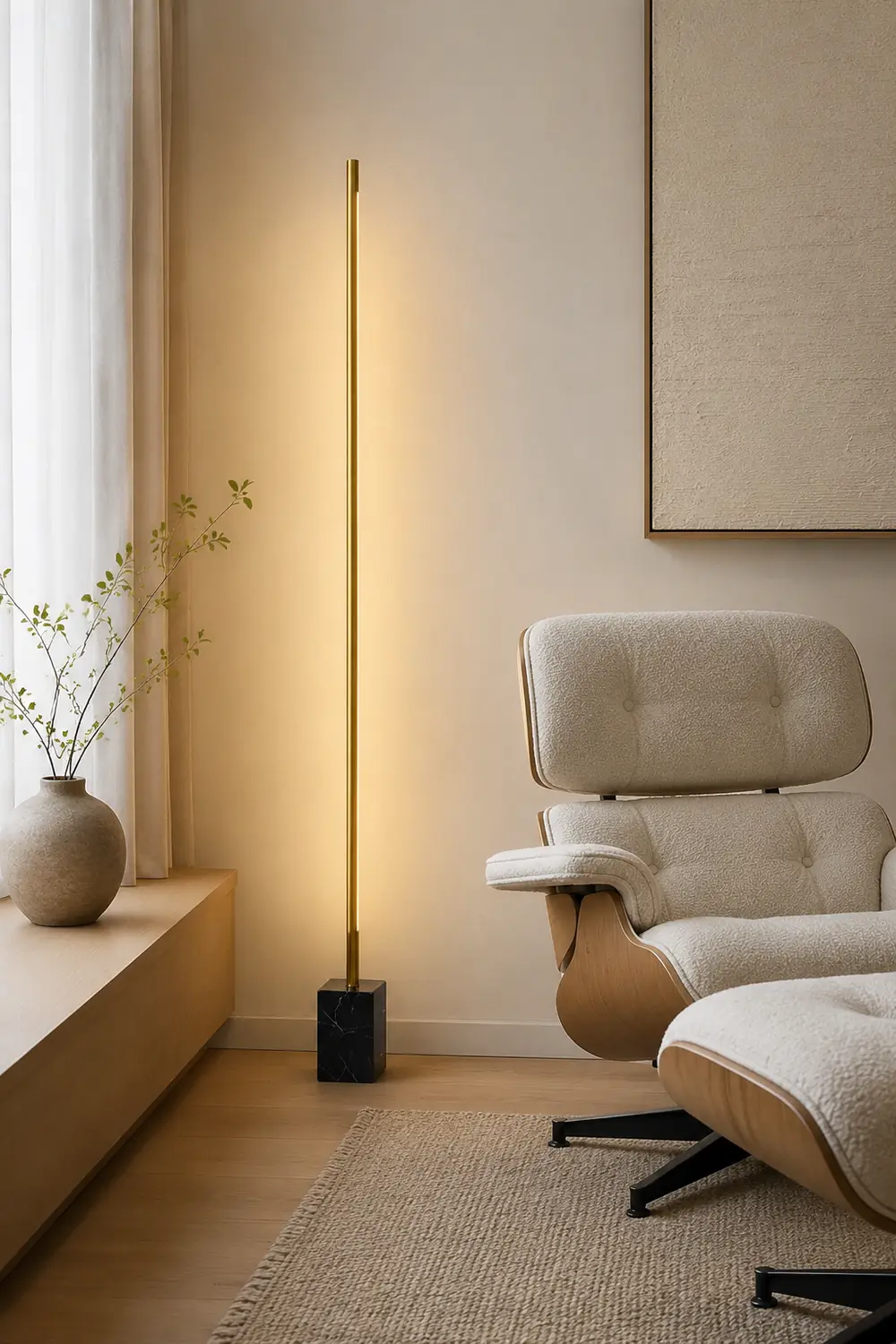 Edge Minimalist Linear Floor Lamp, Black/Gold, Metal/Marble - Lumpaz