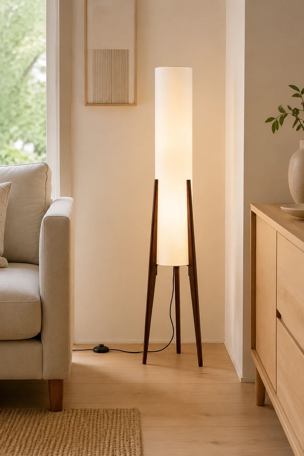 Ozawa Contemporary Cylinder Tripod Wood Glass Floor Lamp, Brown - Lumpaz