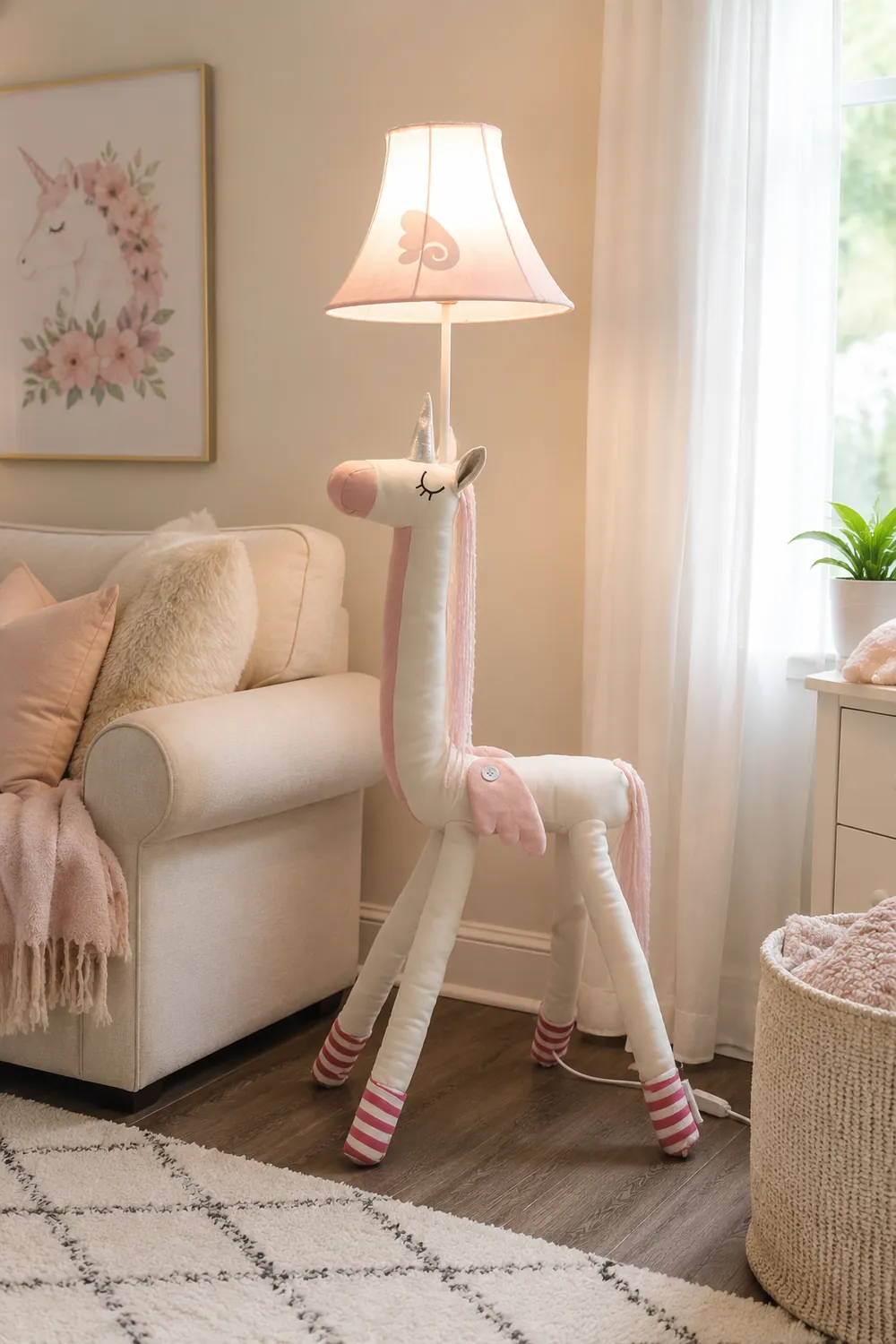 Minori Pink Plush Unicorn Animal Floor Lamp, Metal - Lumpaz