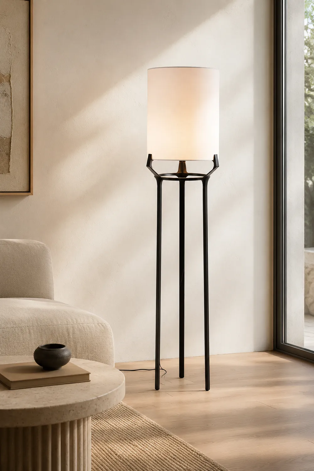 Eryn Contemporary Tripod Metal Fabric Floor Lamp, White - Lumpaz