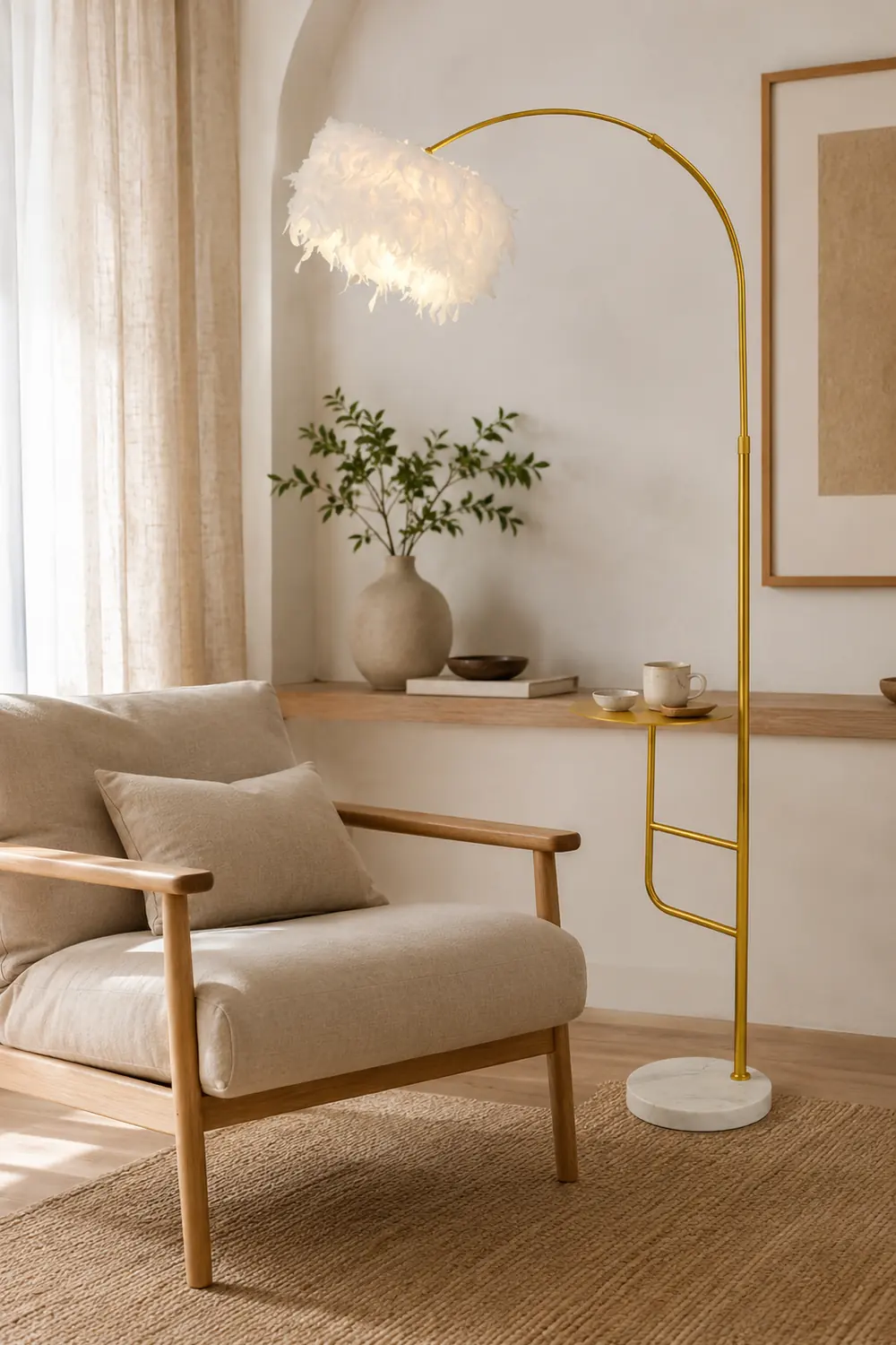 O'Moore Elegant Arc Metal Feather Floor Lamp With Table - Lumpaz