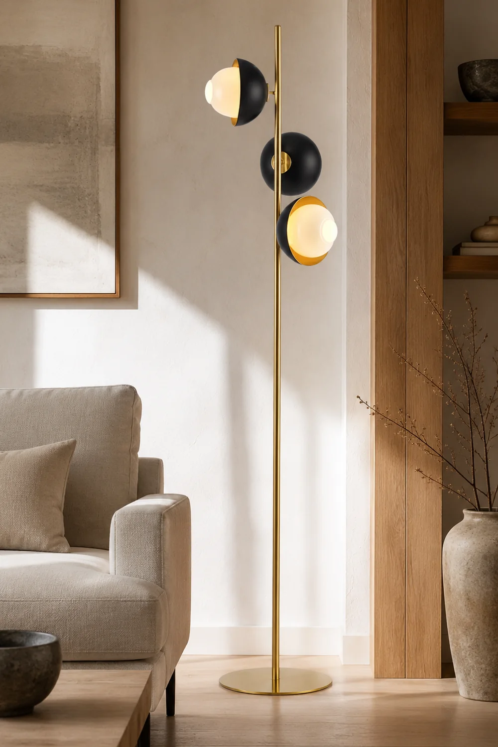 Salgado Black & Gold Semicircle Floor Lamp, 3 Heads, Metal, 53" - Lumpaz