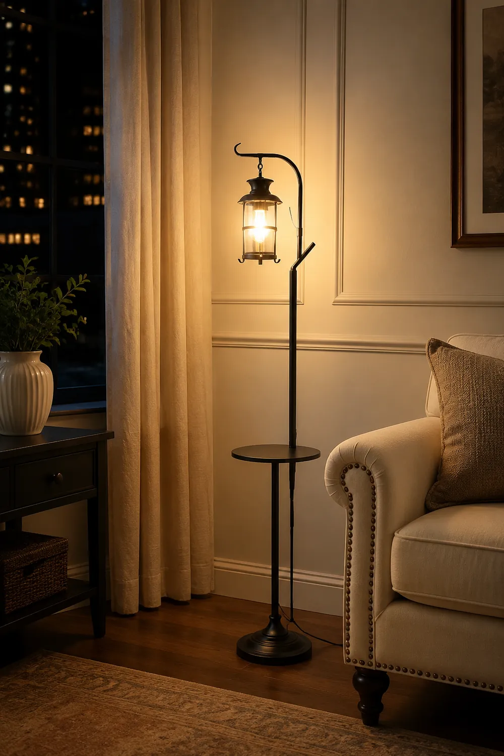 Alessio Retro Lantern Metal Glass Floor Lamp /w Table, Black/White - Lumpaz