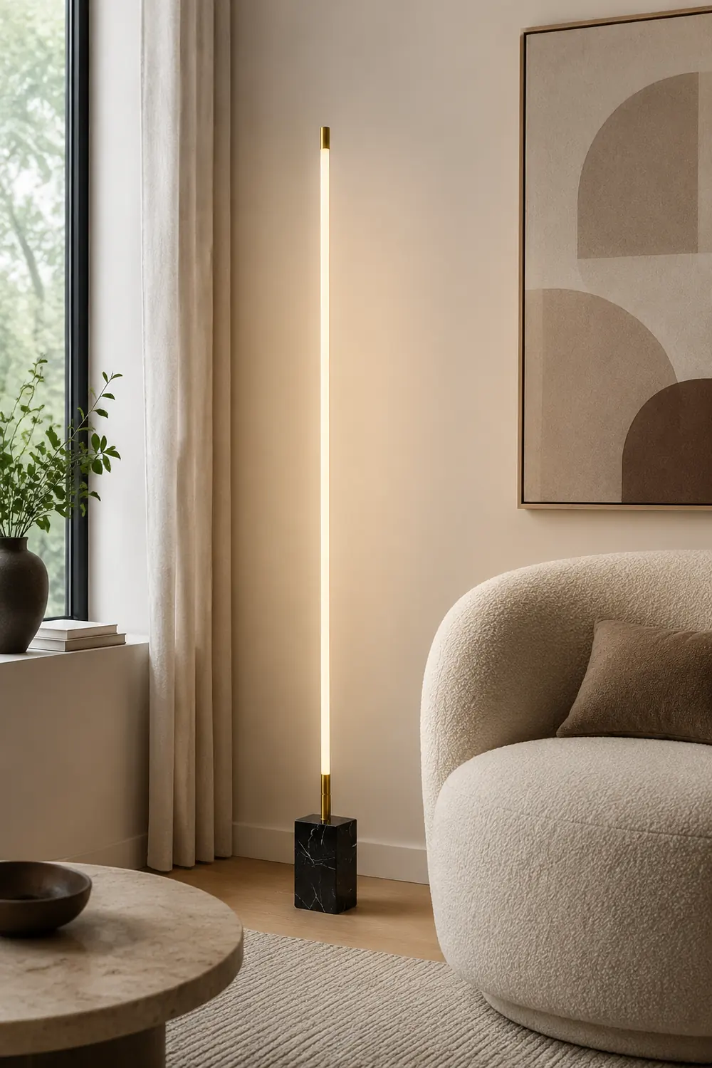 Edge Minimalist Linear Floor Lamp, Black/Gold, Metal/Marble - Lumpaz
