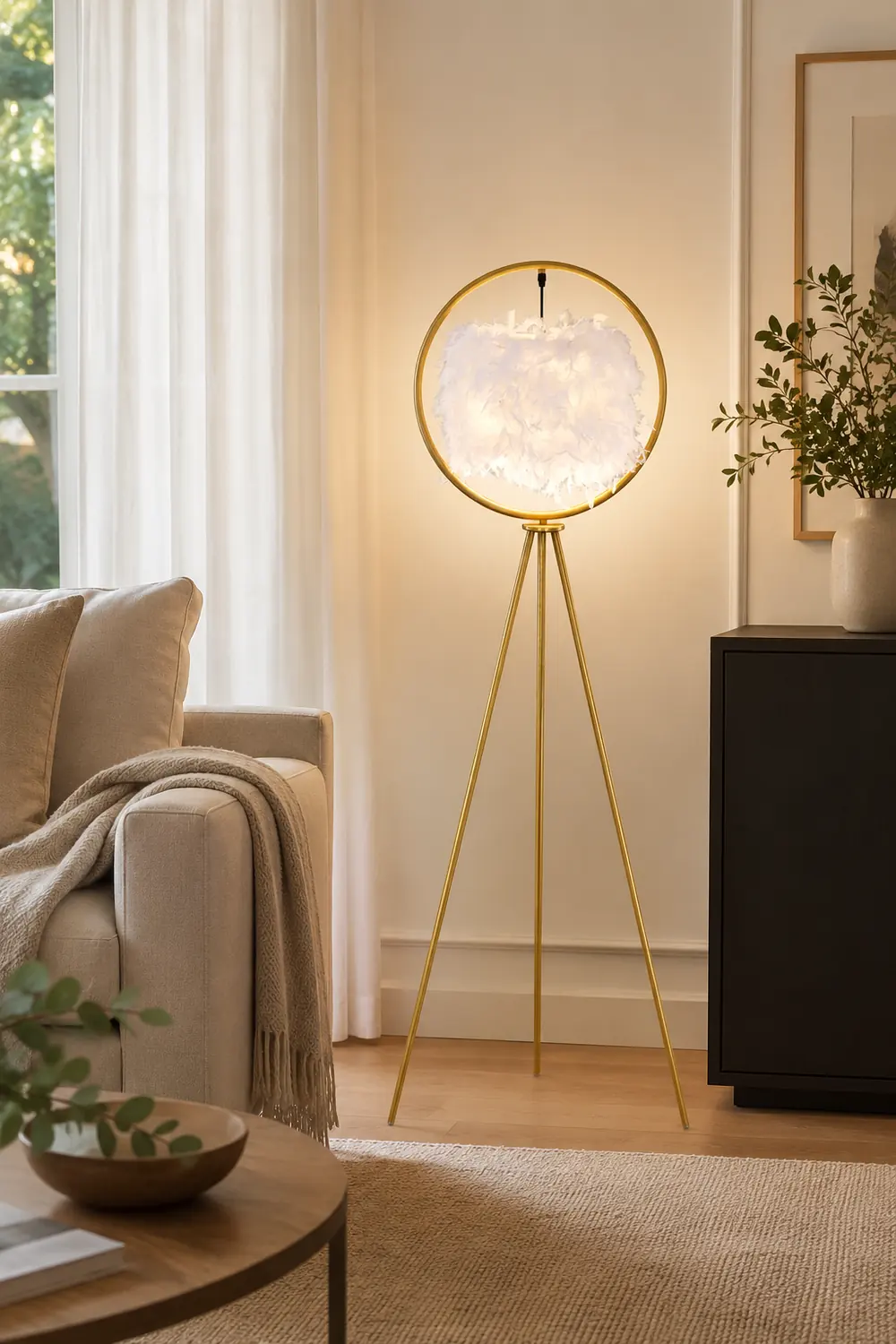 O'Moore Elegant Feather Ring Tripod Floor Lamp, Black/Gold - Lumpaz