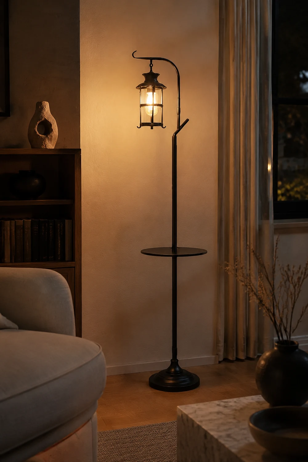 Alessio Retro Lantern Metal Glass Floor Lamp /w Table, Black/White - Lumpaz