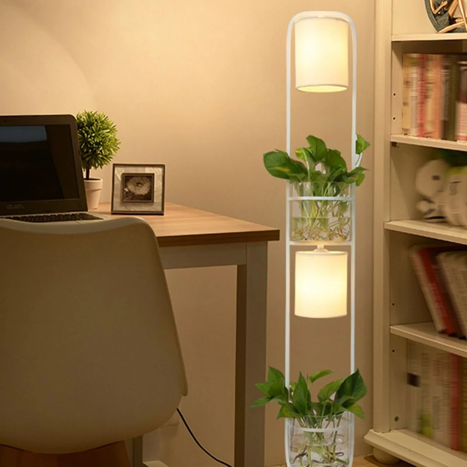 Eryn Simple Cylinder 2-Light Heads Floor Lamp with Planters, Black/White/Gold - Lumpaz
