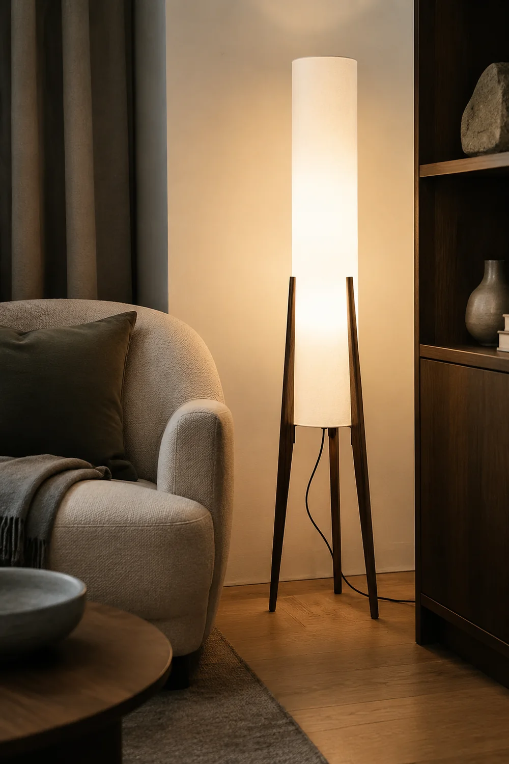 Ozawa Contemporary Cylinder Tripod Wood Glass Floor Lamp, Brown - Lumpaz