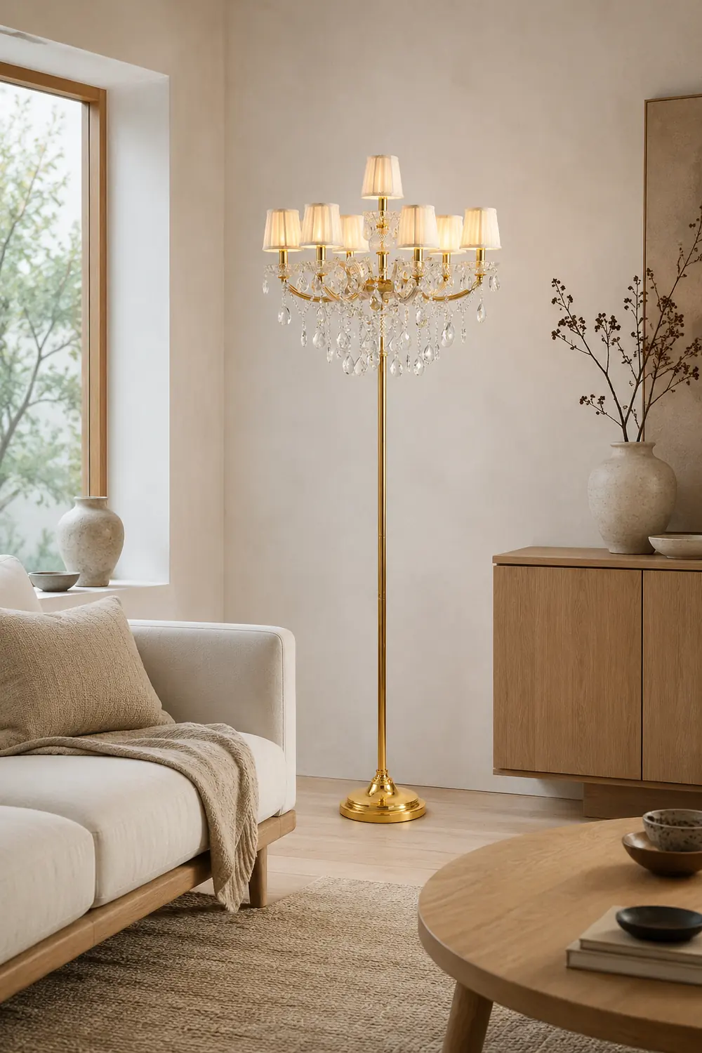 Carins Retro Crystal Multi Head Metal Fabric Floor Lamp, Gold - Lumpaz
