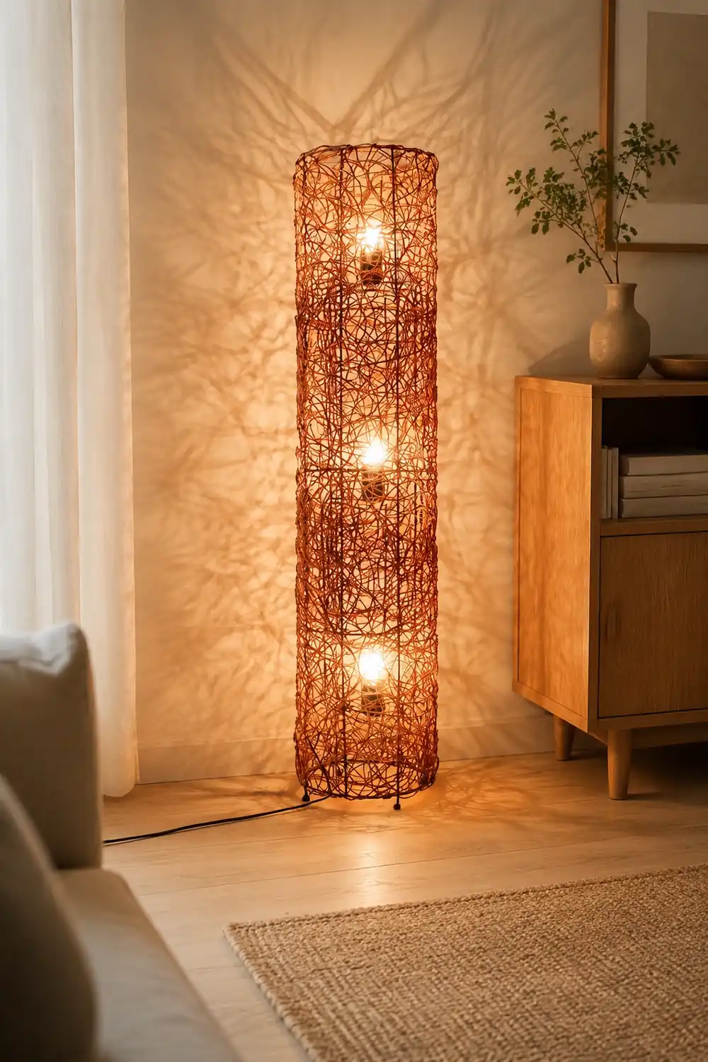 Ritta Retro Vase Wood Rattan Floor Lamp, White/Brown - Lumpaz