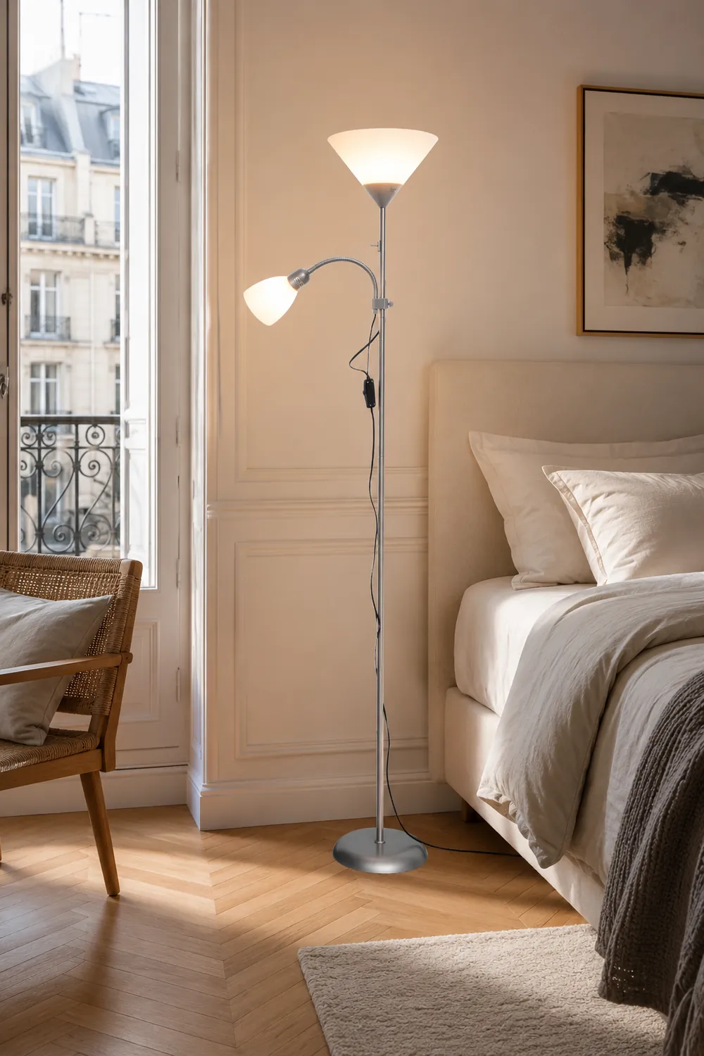 Eryn Modern Double Head Metal Acrylic Floor Lamp, Silver - Lumpaz