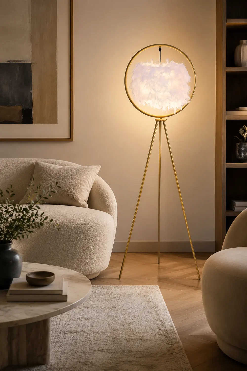 O'Moore Elegant Feather Ring Tripod Floor Lamp, Black/Gold - Lumpaz