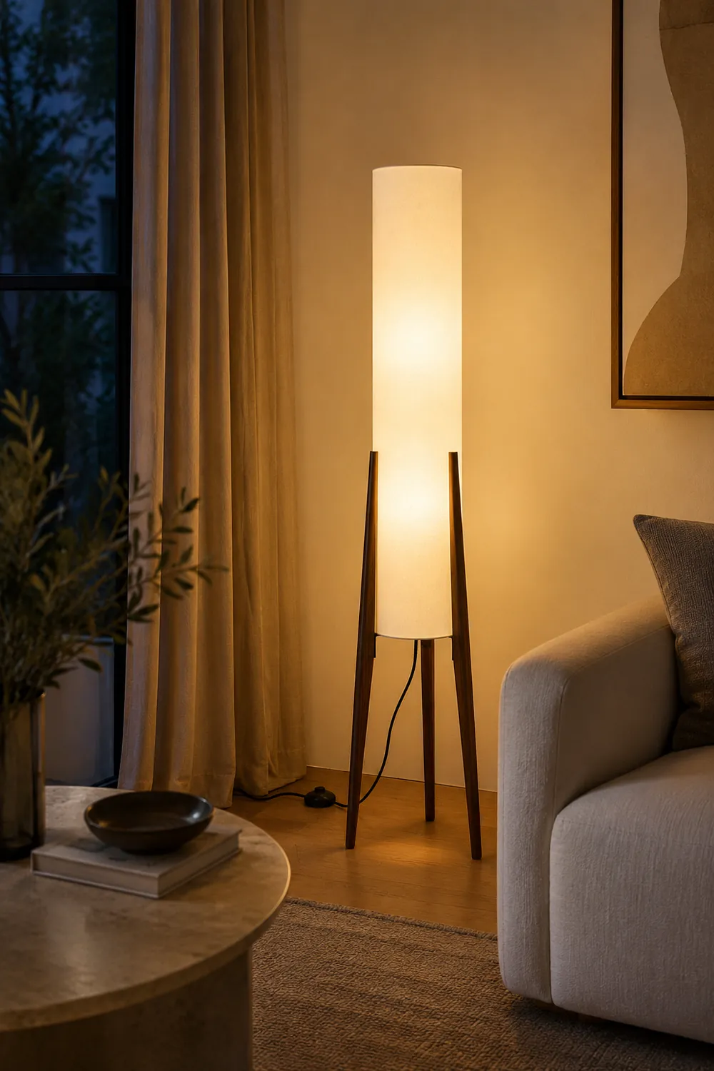 Ozawa Contemporary Cylinder Tripod Wood Glass Floor Lamp, Brown - Lumpaz