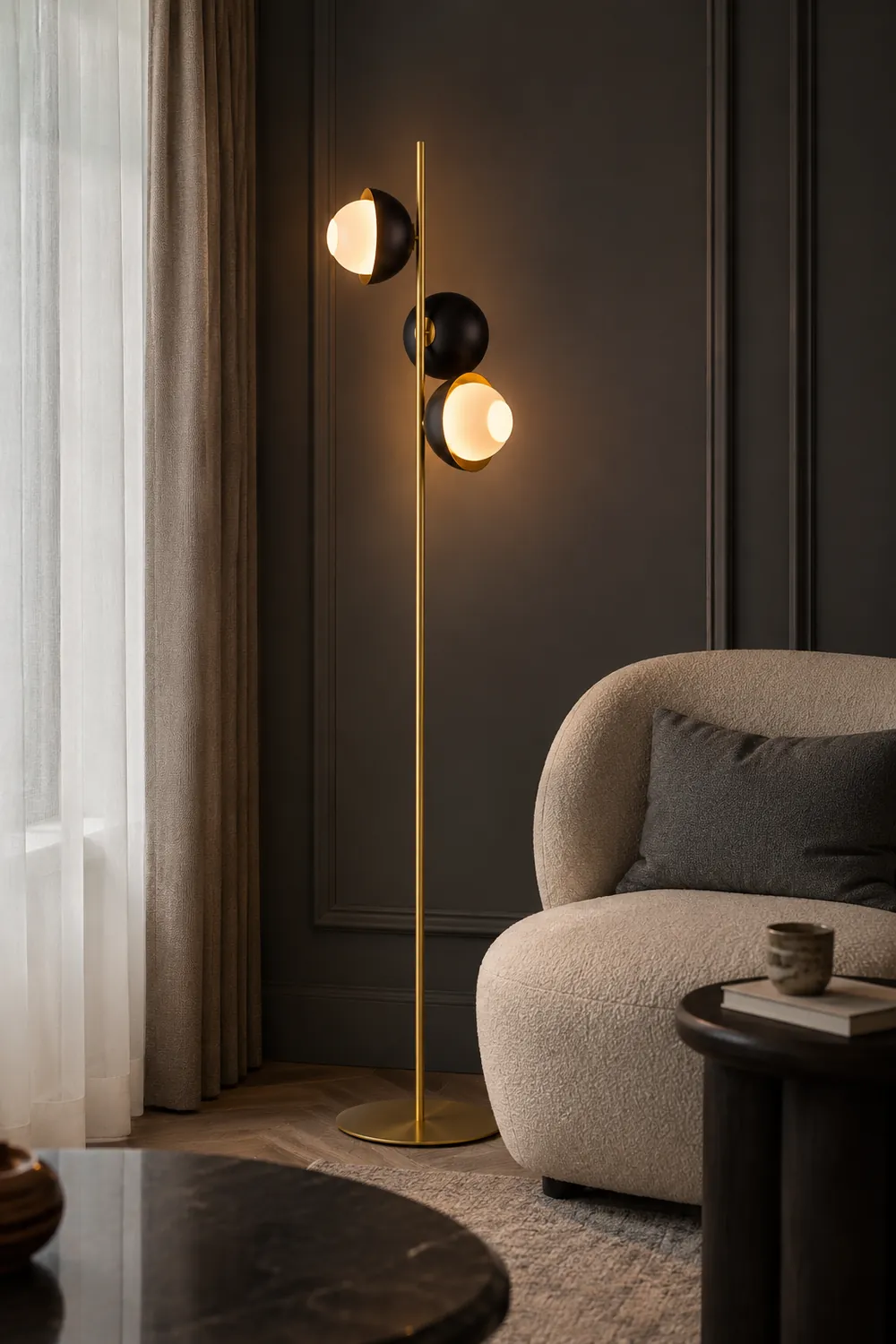 Salgado Black & Gold Semicircle Floor Lamp, 3 Heads, Metal, 53" - Lumpaz