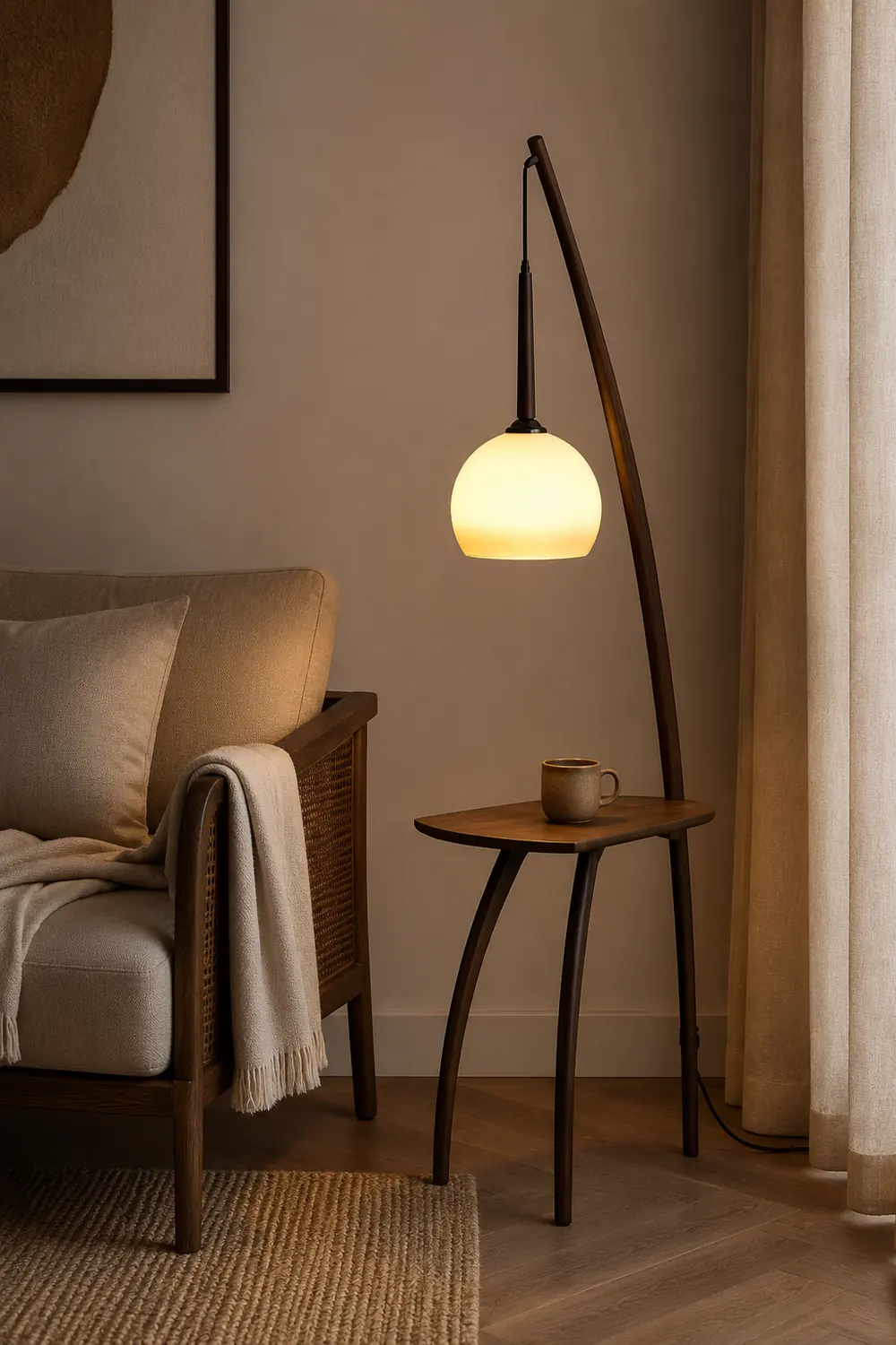 Ozawa Modern Dome Tripod Wood Glass Floor Lamp /w Table, Brown - Lumpaz