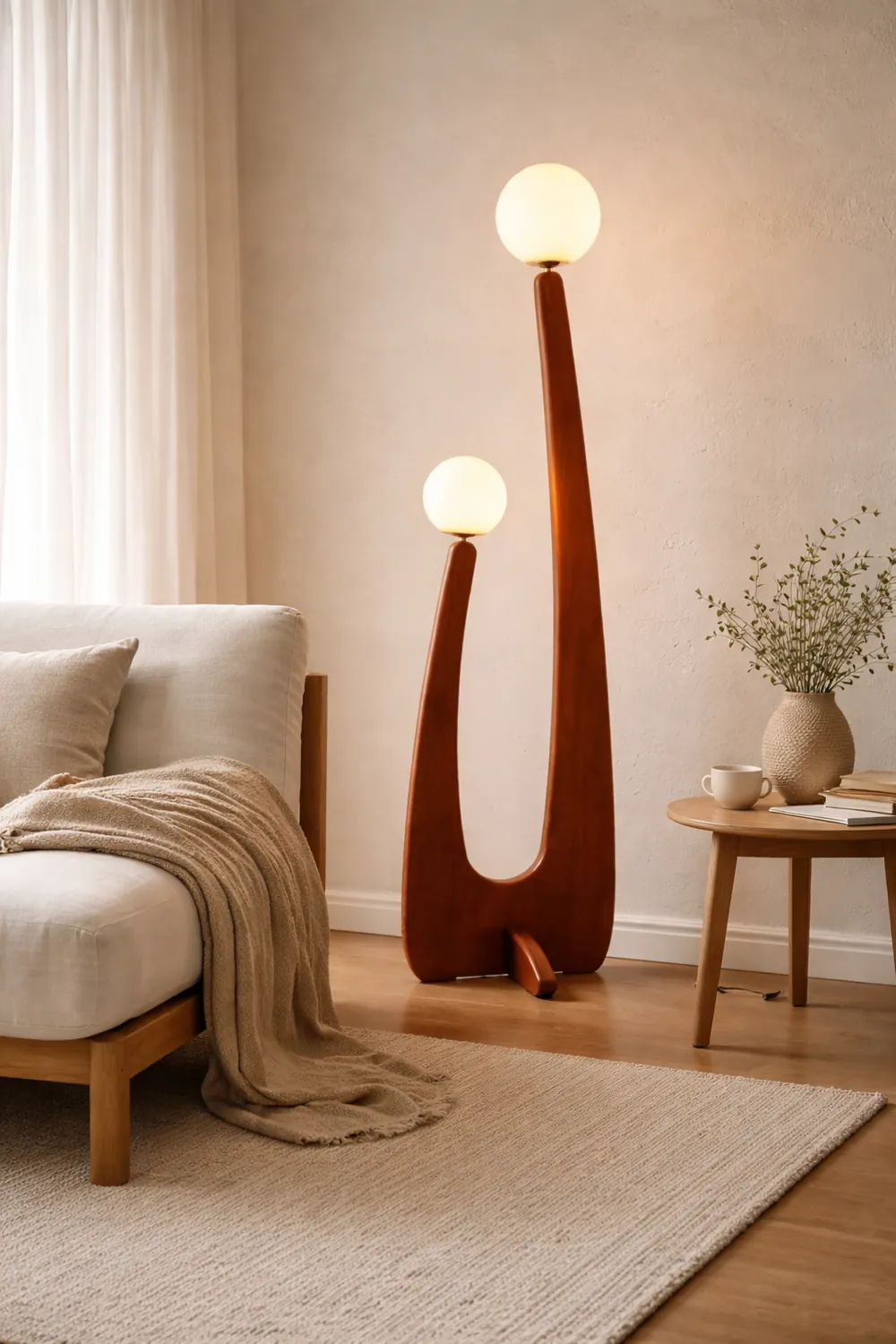 Avi Vintage Wood/Glass Floor Lamp,  2 Heads - Lumpaz