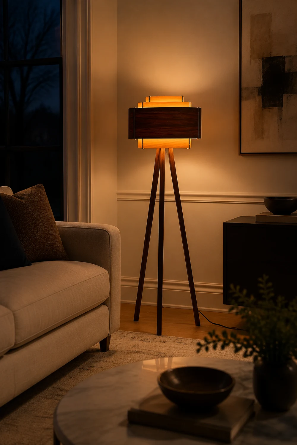 Ozawa Modern Cylinder Tripod Wood Floor Lamp, Brown - Lumpaz