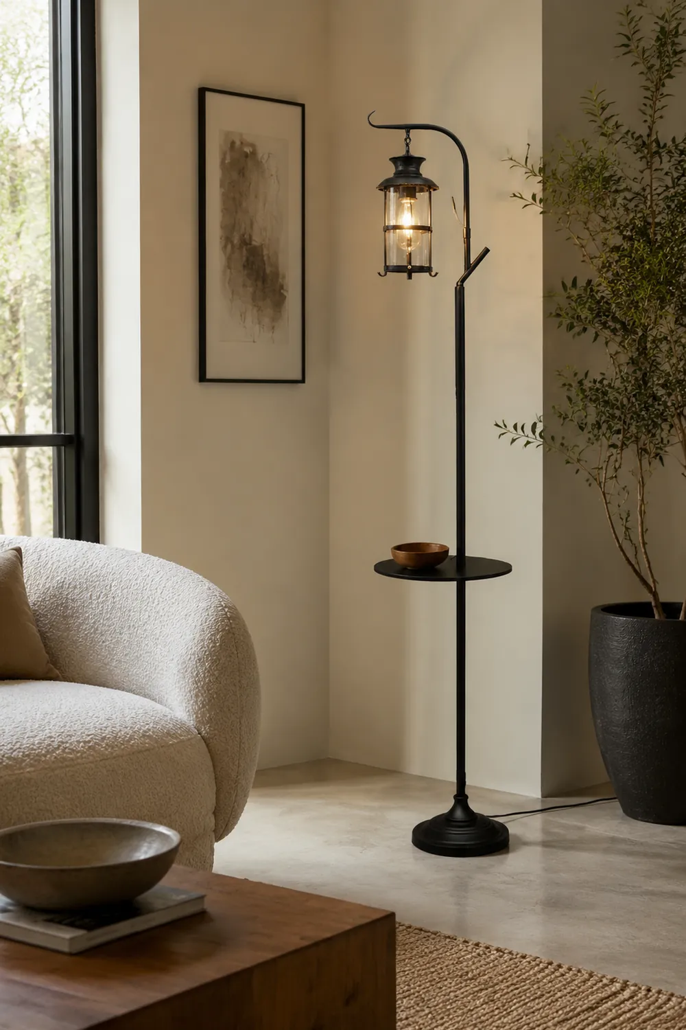 Alessio Retro Lantern Metal Glass Floor Lamp /w Table, Black/White - Lumpaz