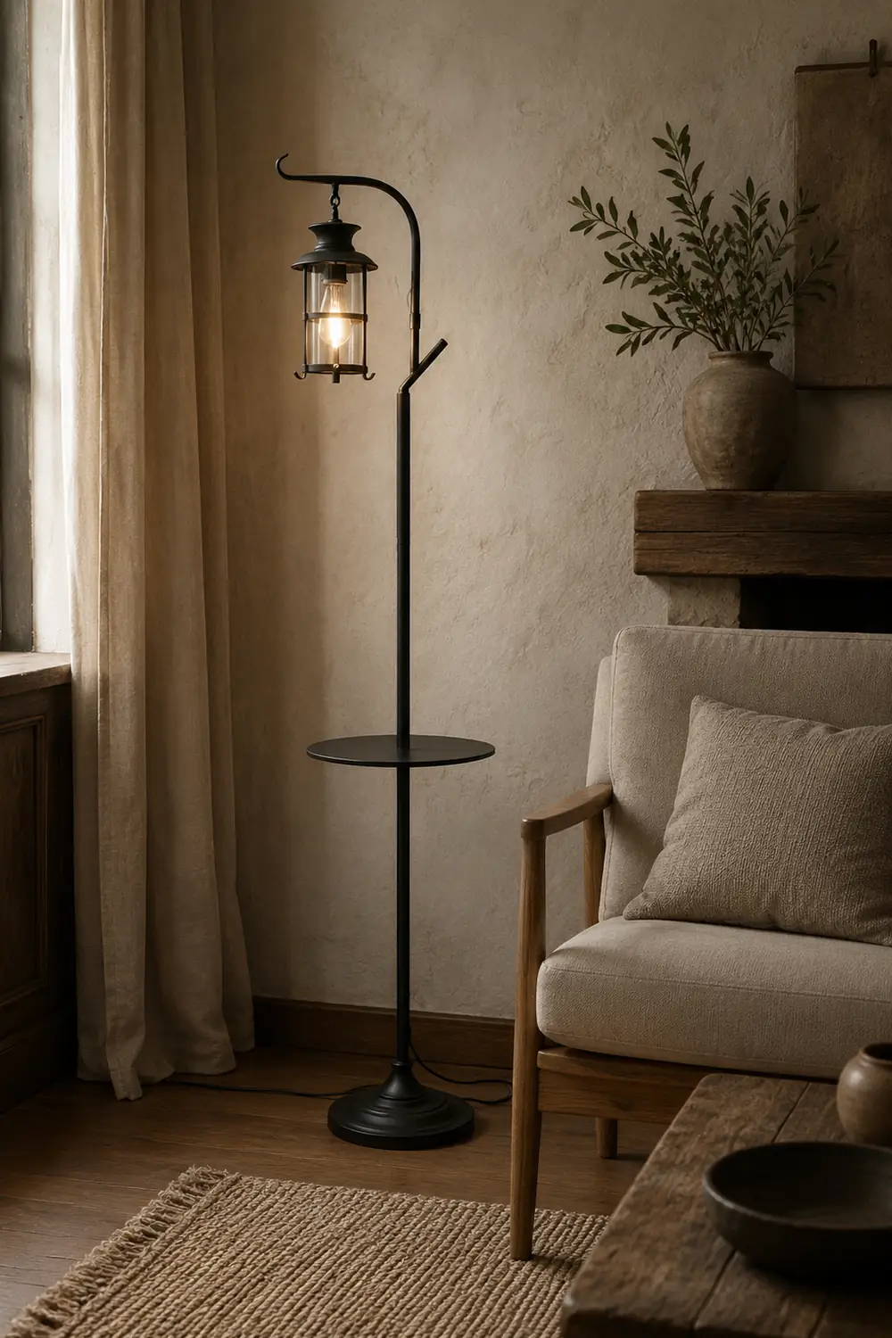 Alessio Retro Lantern Metal Glass Floor Lamp /w Table, Black/White - Lumpaz
