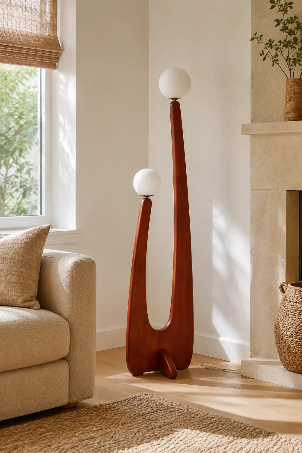 Avi Vintage Wood/Glass Floor Lamp,  2 Heads - Lumpaz