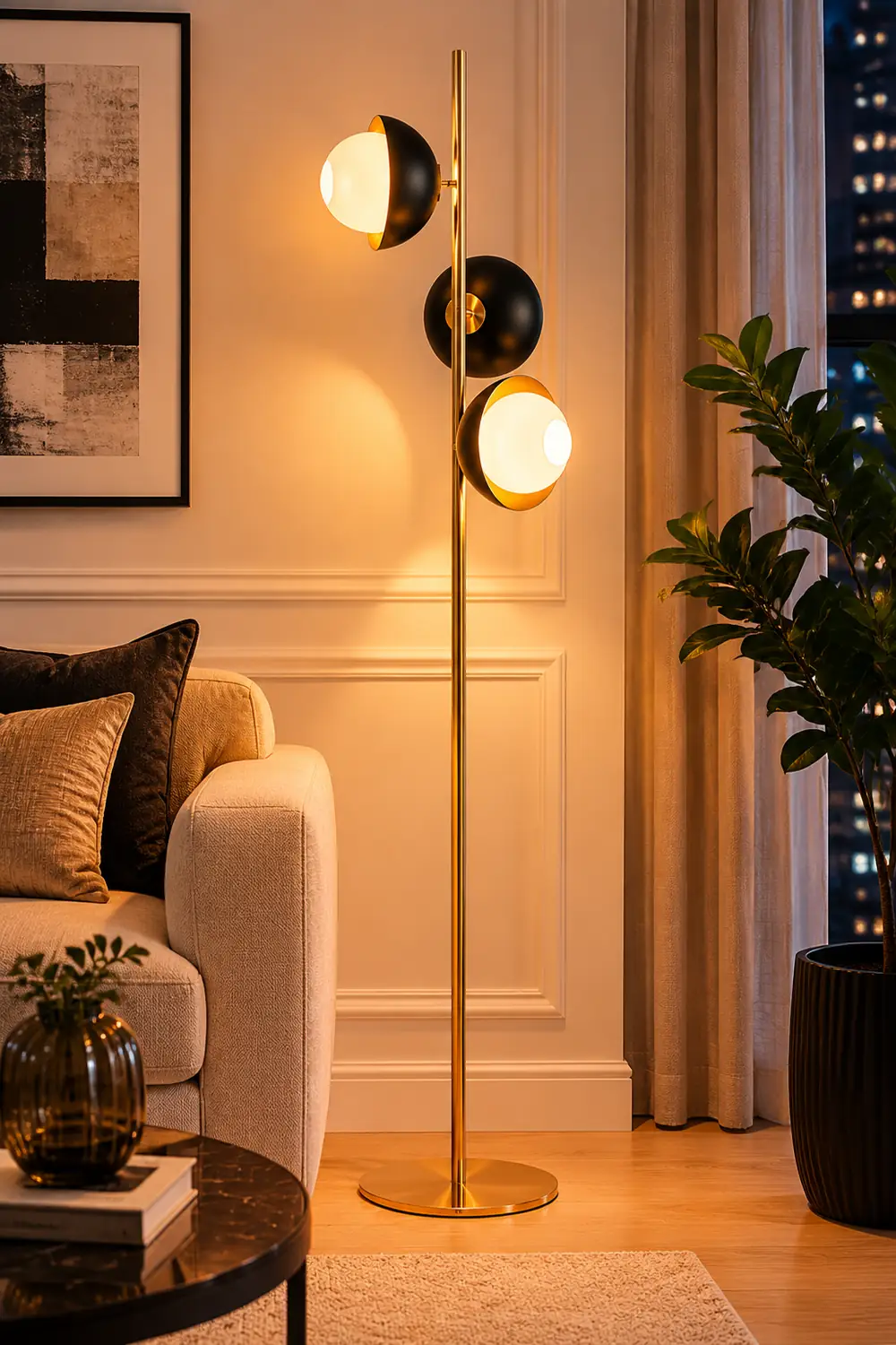 Salgado Black & Gold Semicircle Floor Lamp, 3 Heads, Metal, 53" - Lumpaz