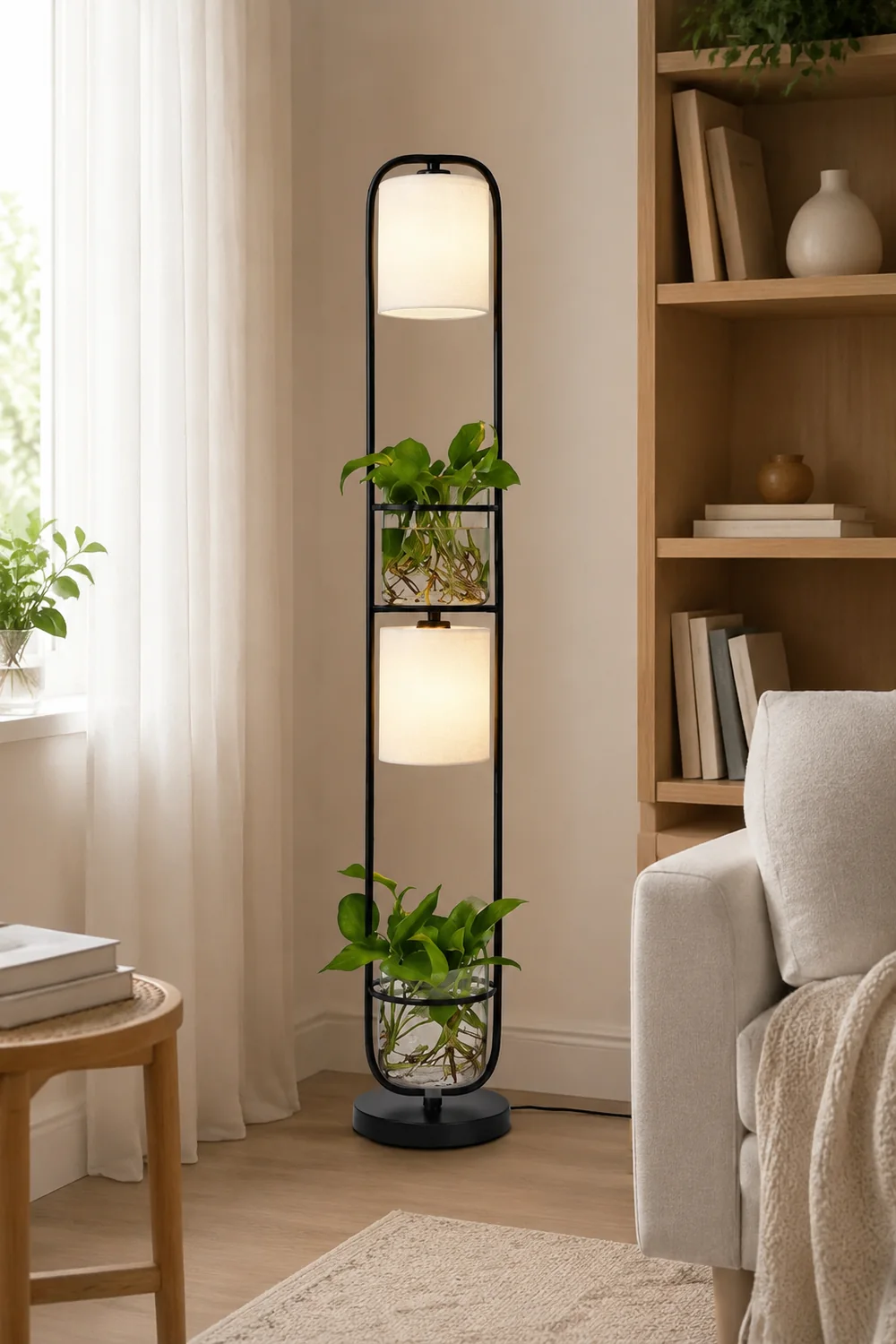 Eryn Simple Cylinder 2-Light Heads Floor Lamp with Planters, Black/White/Gold - Lumpaz