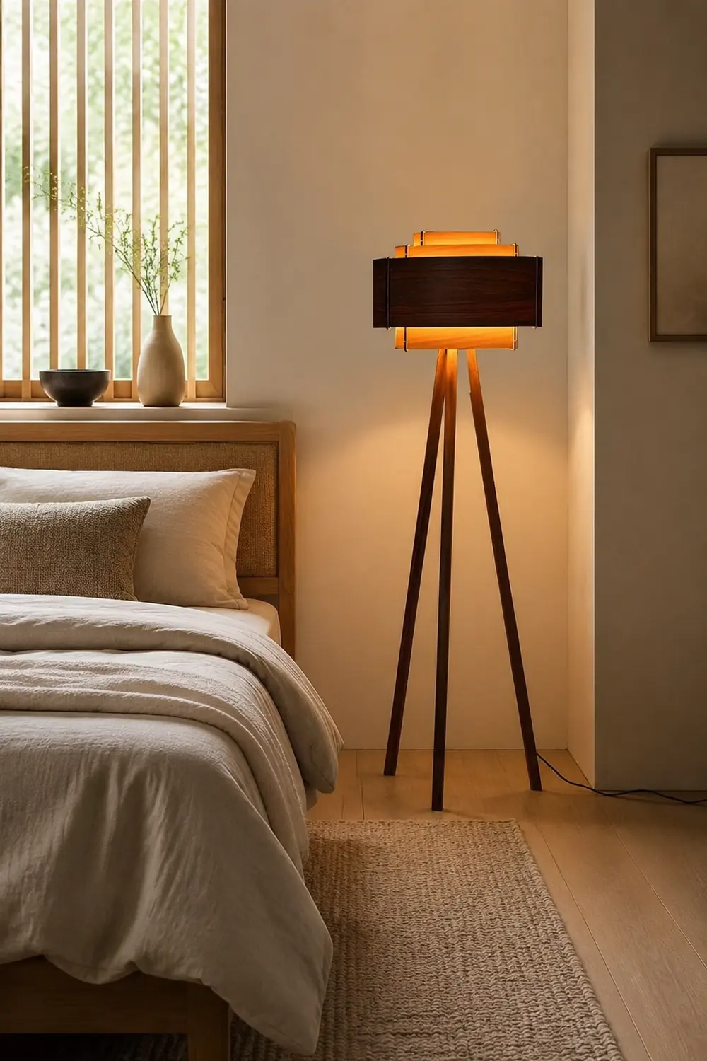 Ozawa Modern Cylinder Tripod Wood Floor Lamp, Brown - Lumpaz