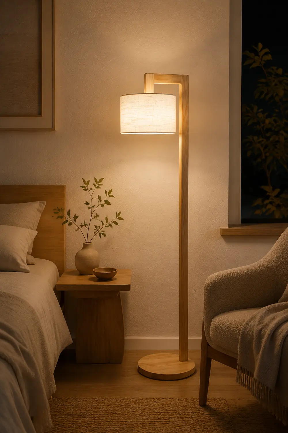 Ozawa Japanese Right Angle Arm Floor Lamp, Beige, Wood/Fabric - Lumpaz