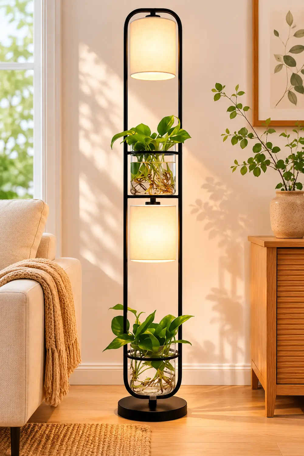 Eryn Simple Cylinder 2-Light Heads Floor Lamp with Planters, Black/White/Gold - Lumpaz