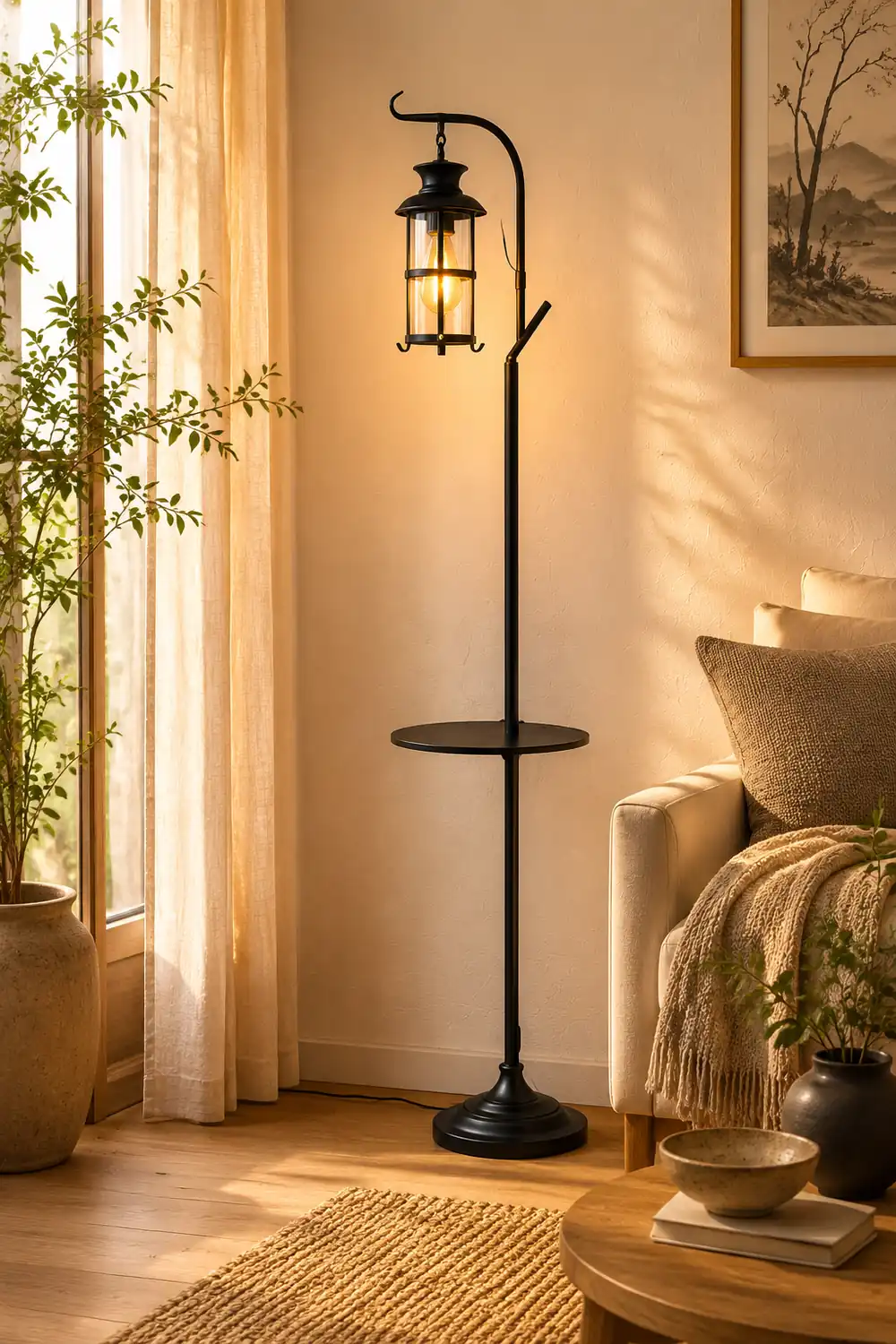 Alessio Retro Lantern Metal Glass Floor Lamp /w Table, Black/White - Lumpaz