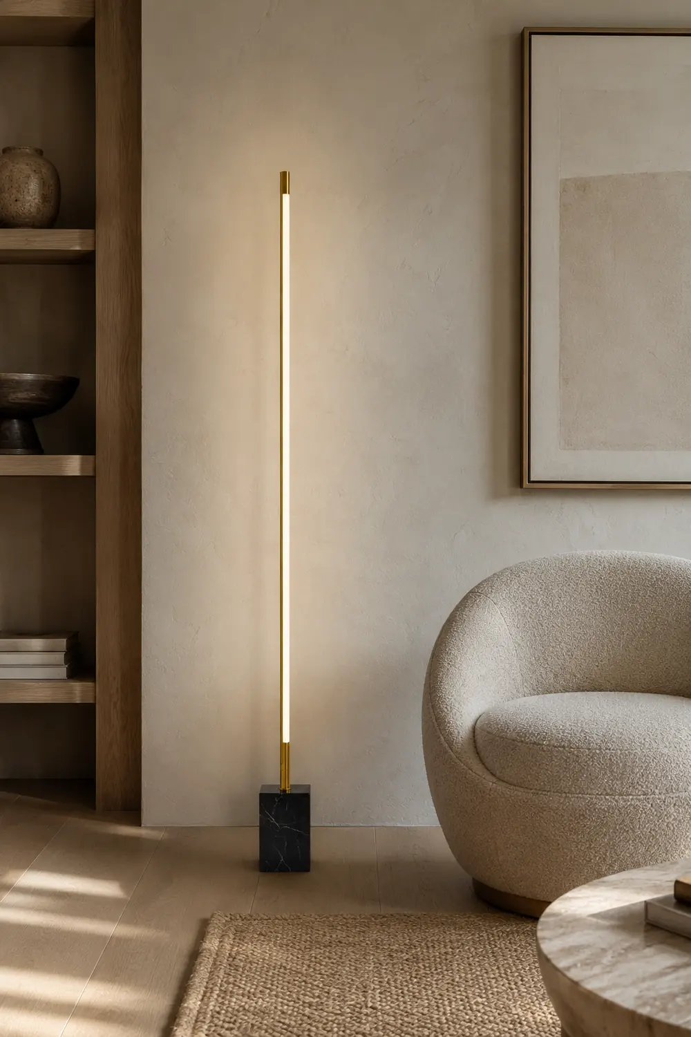 Edge Minimalist Linear Floor Lamp, Black/Gold, Metal/Marble - Lumpaz