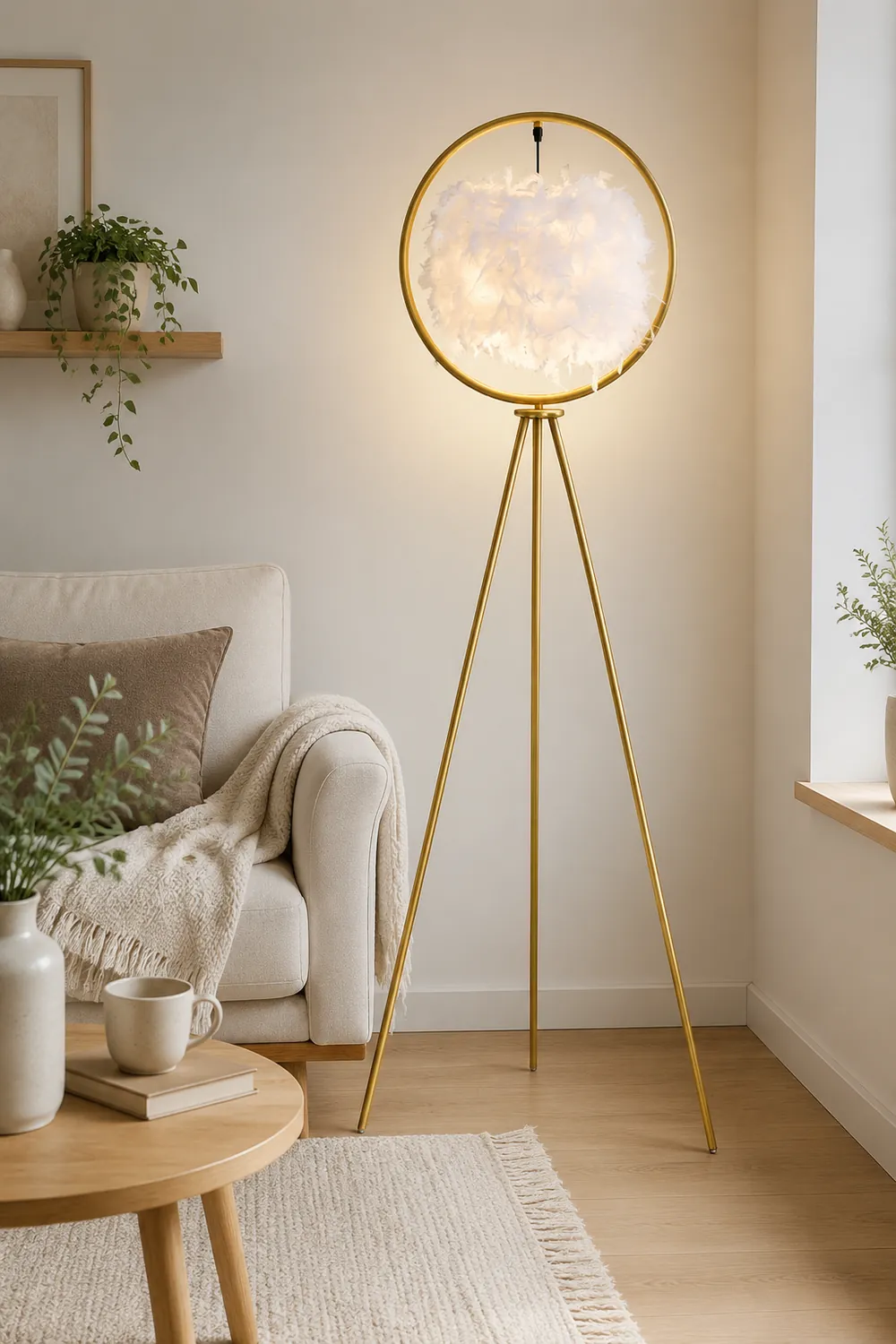 O'Moore Elegant Feather Ring Tripod Floor Lamp, Black/Gold - Lumpaz