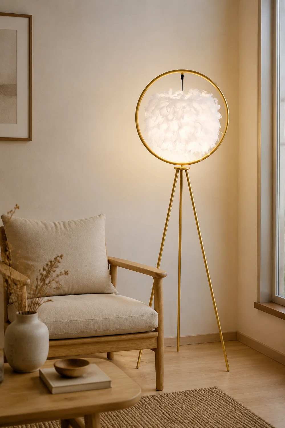 O'Moore Elegant Feather Ring Tripod Floor Lamp, Black/Gold - Lumpaz